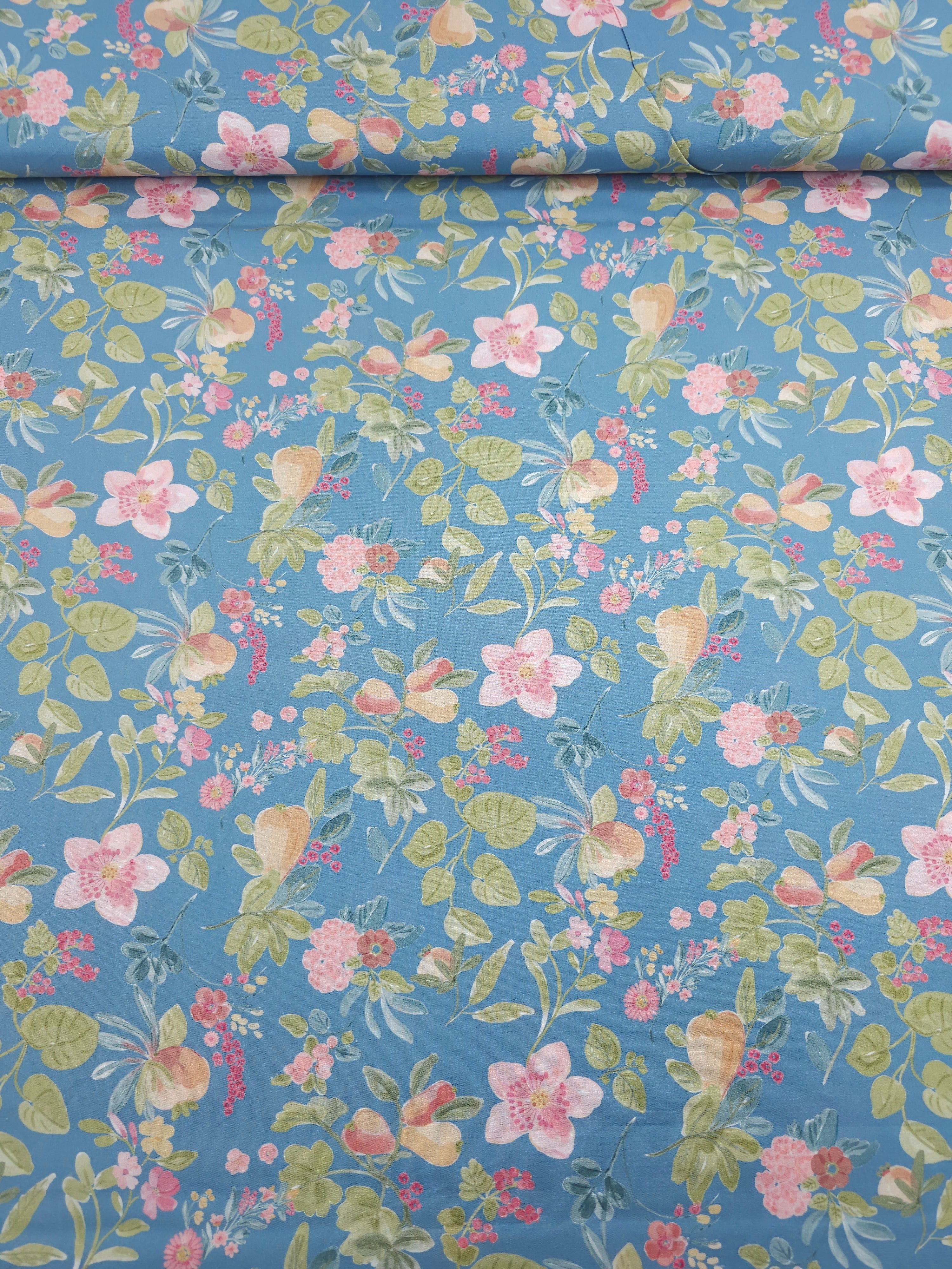 Powder Blue Floral Fruit Lightweight Cotton 57"