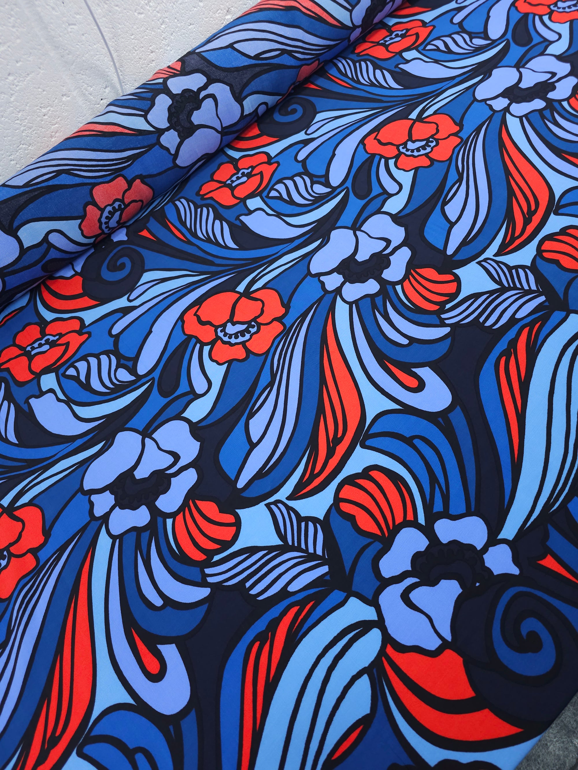 Blue/Red Doodle Floral Swirl Viscose Crepe