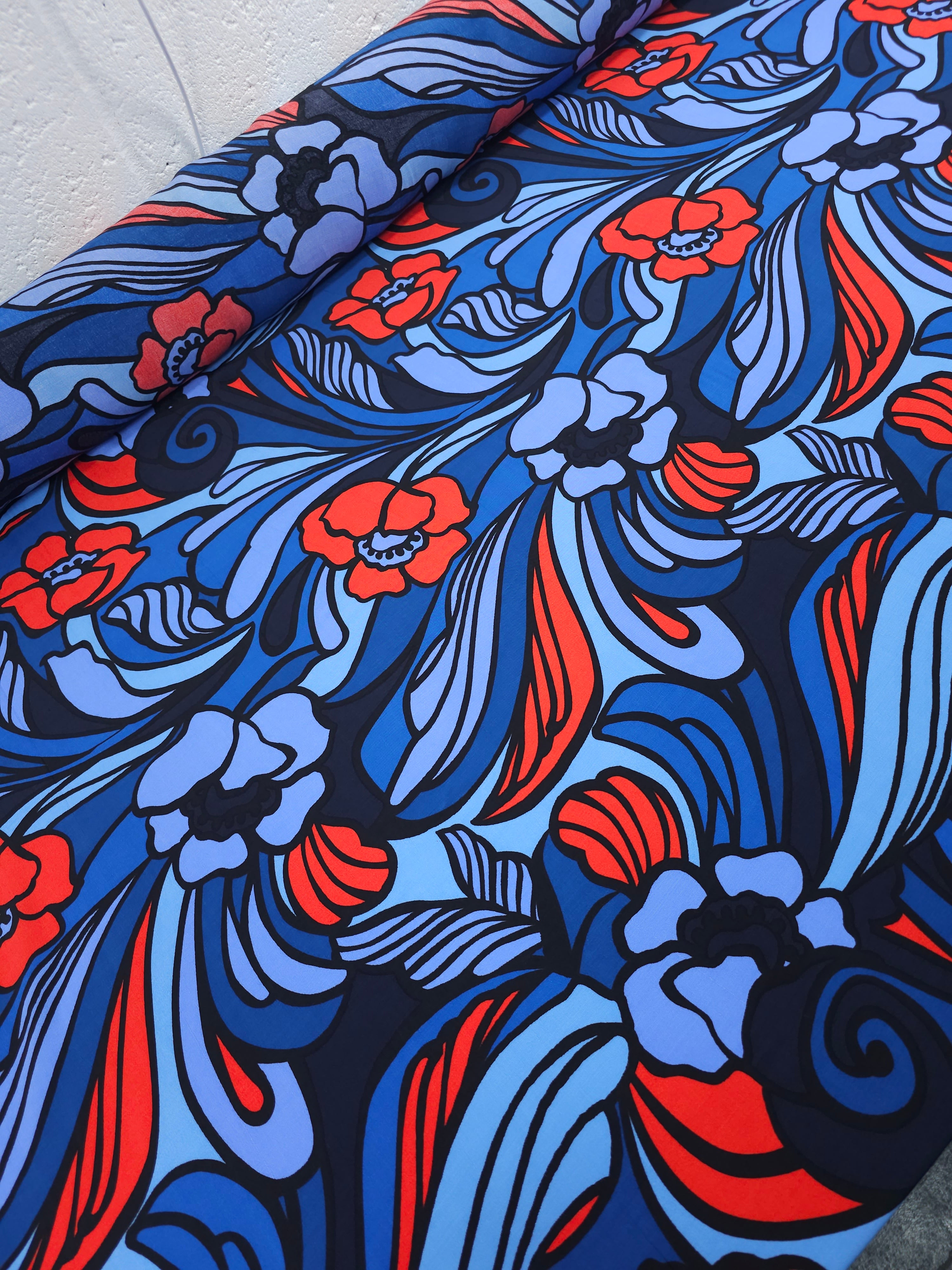 Blue/Red Doodle Floral Swirl Viscose Crepe