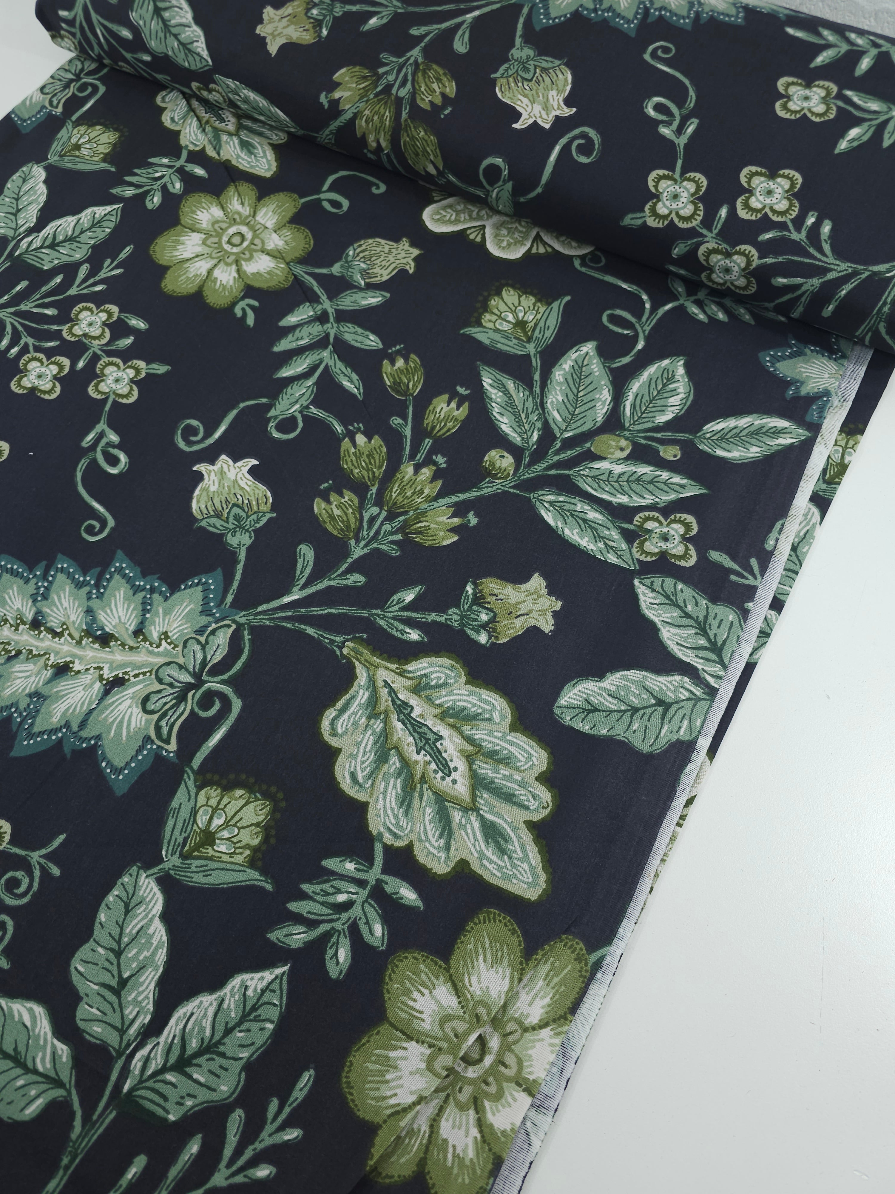 Sage/Black Floral Leaf 100% Cotton 90"