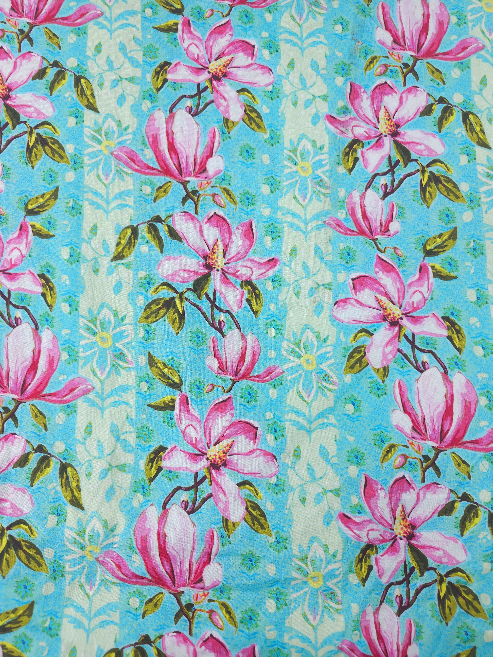 Turquoise Wild Magnolias Stripe 100% Cotton - Odile Bailloeul