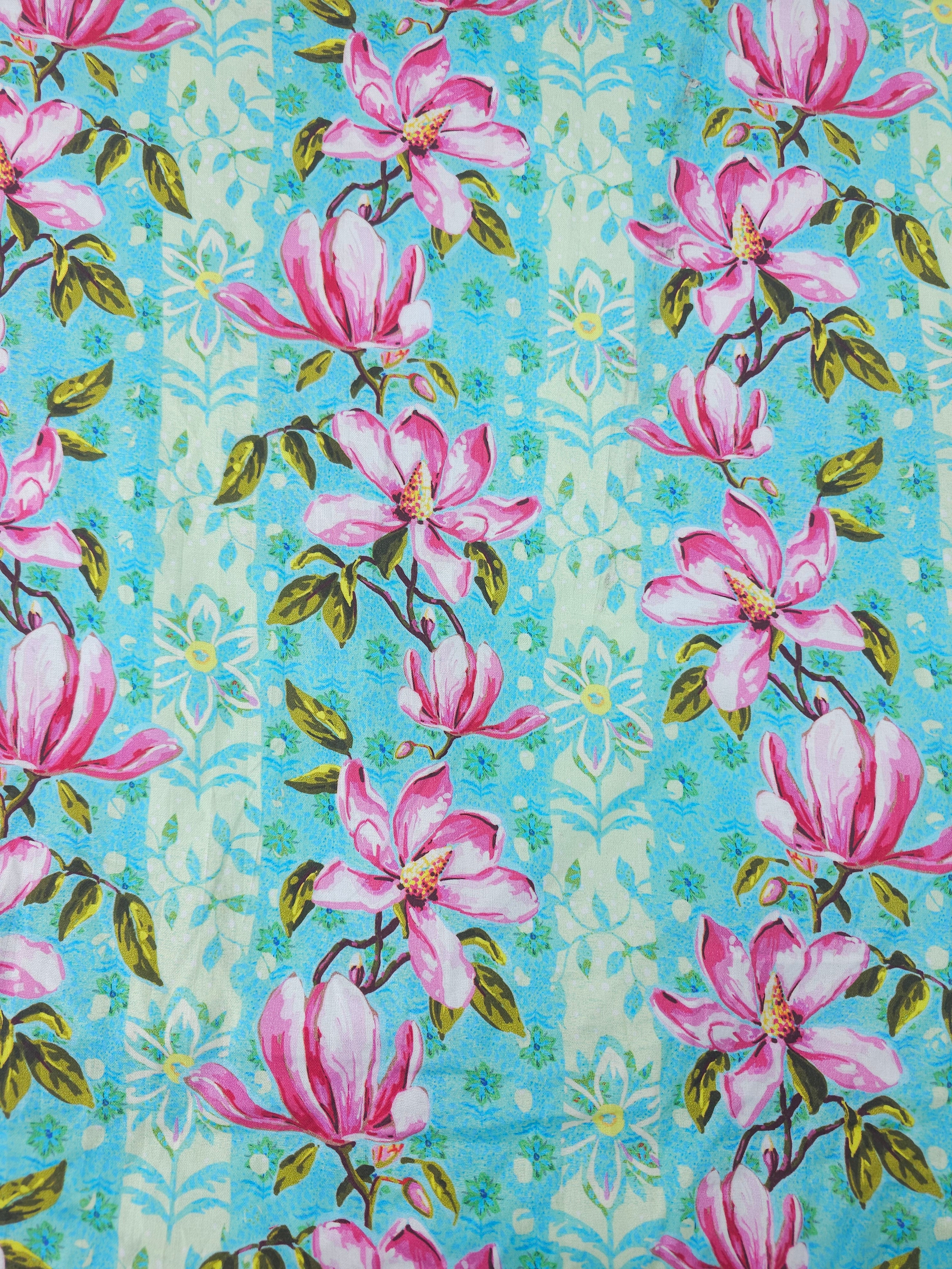 Turquoise Wild Magnolias Stripe 100% Cotton - Odile Bailloeul