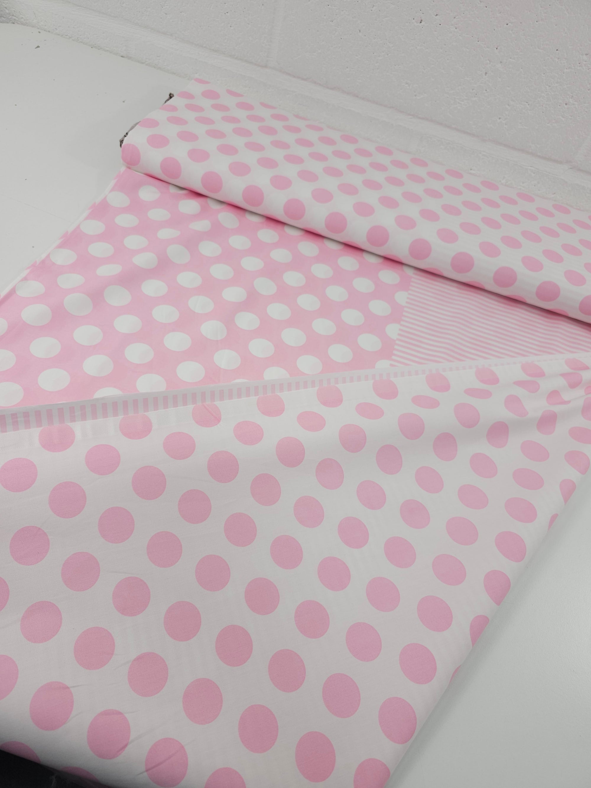 Pink/White Polka Stripe 100% Cotton 57"
