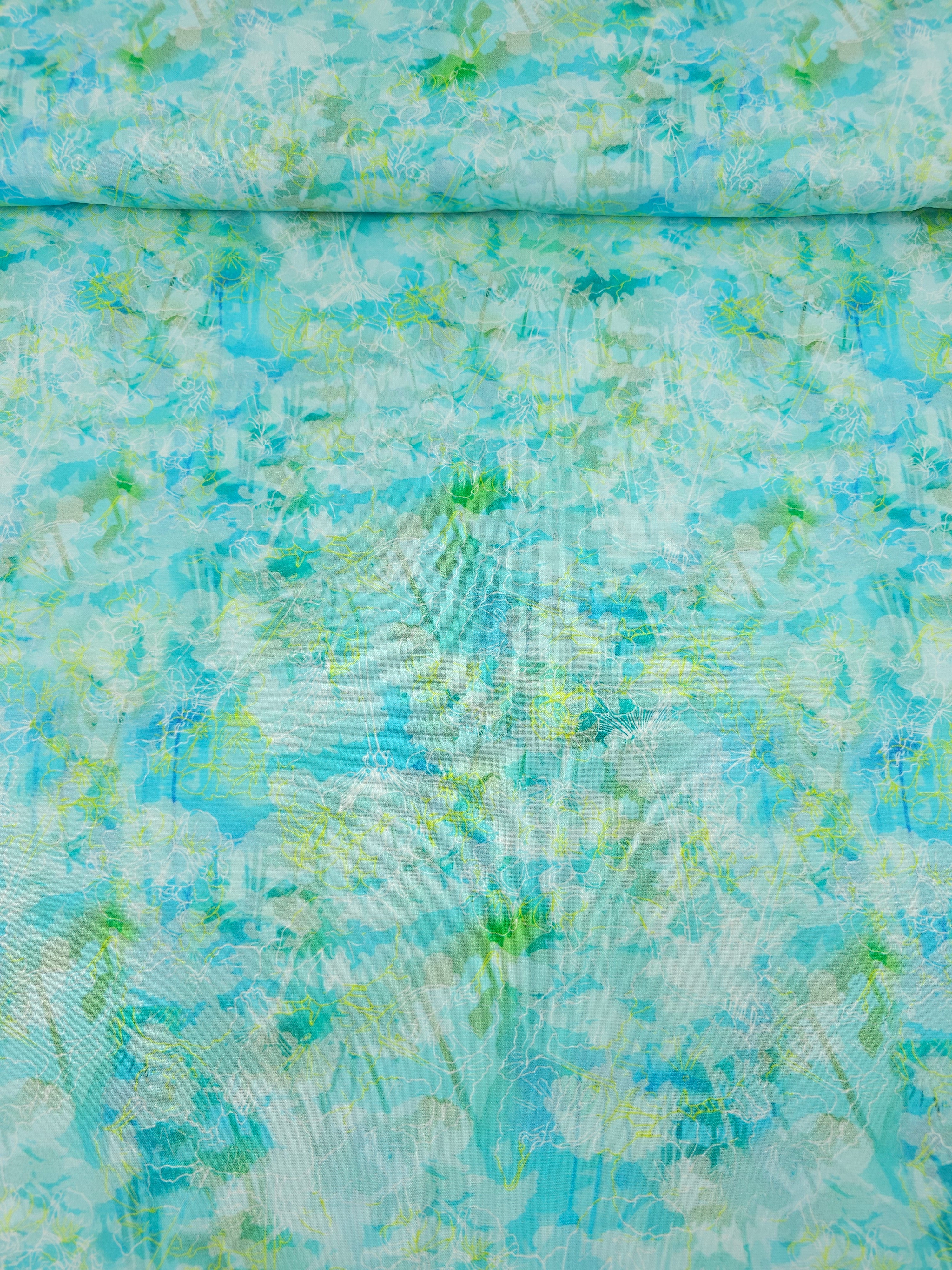 Light Blue/Lime Sketch Floral 100% Cotton - Robert Kaufman