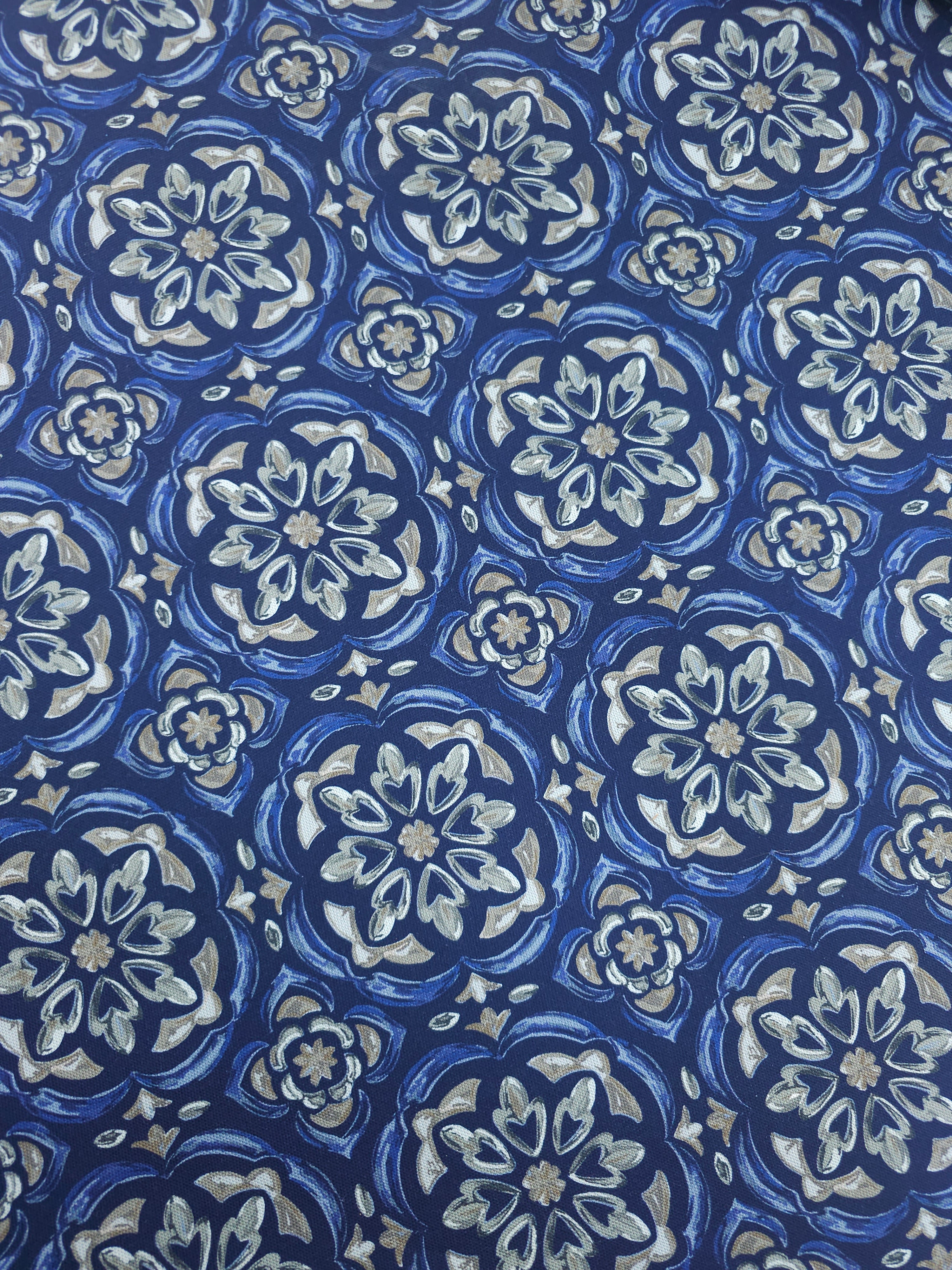 Navy Blue Tile Medallion Canvas Cotton
