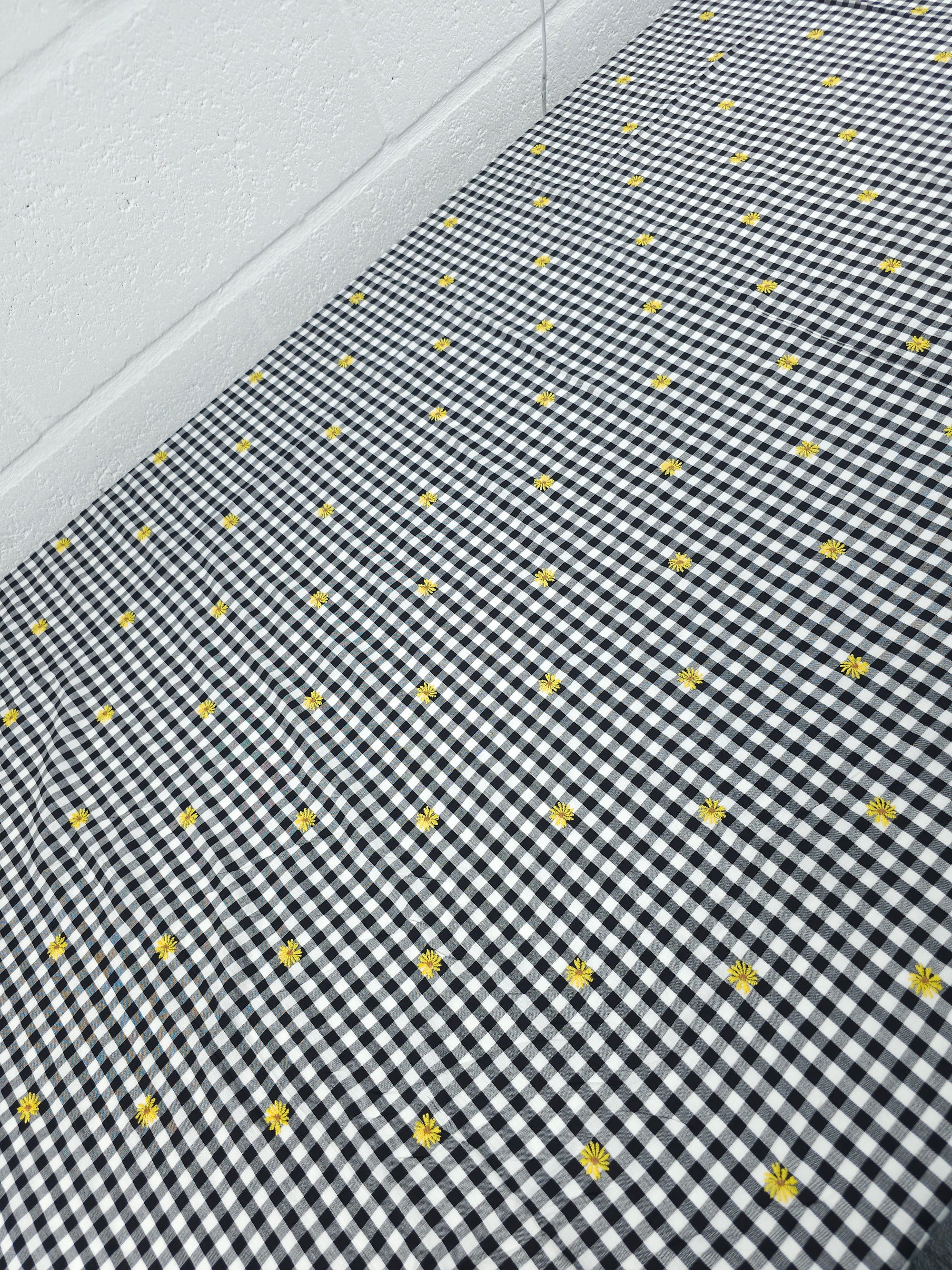 Black/Yellow Embroidered Daisy Gingham Lightweight Cotton