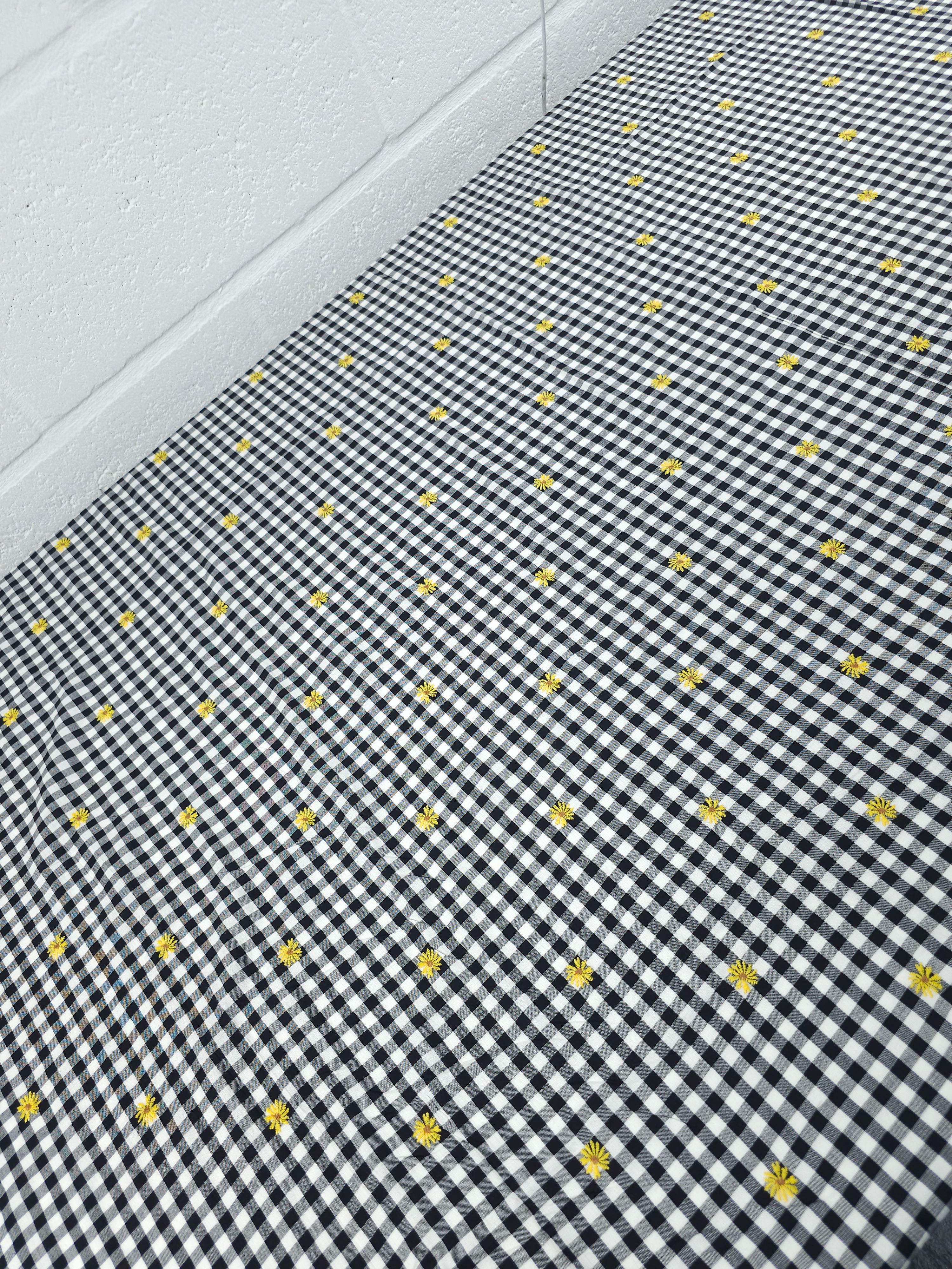 Black/Yellow Embroidered Daisy Gingham Lightweight Cotton