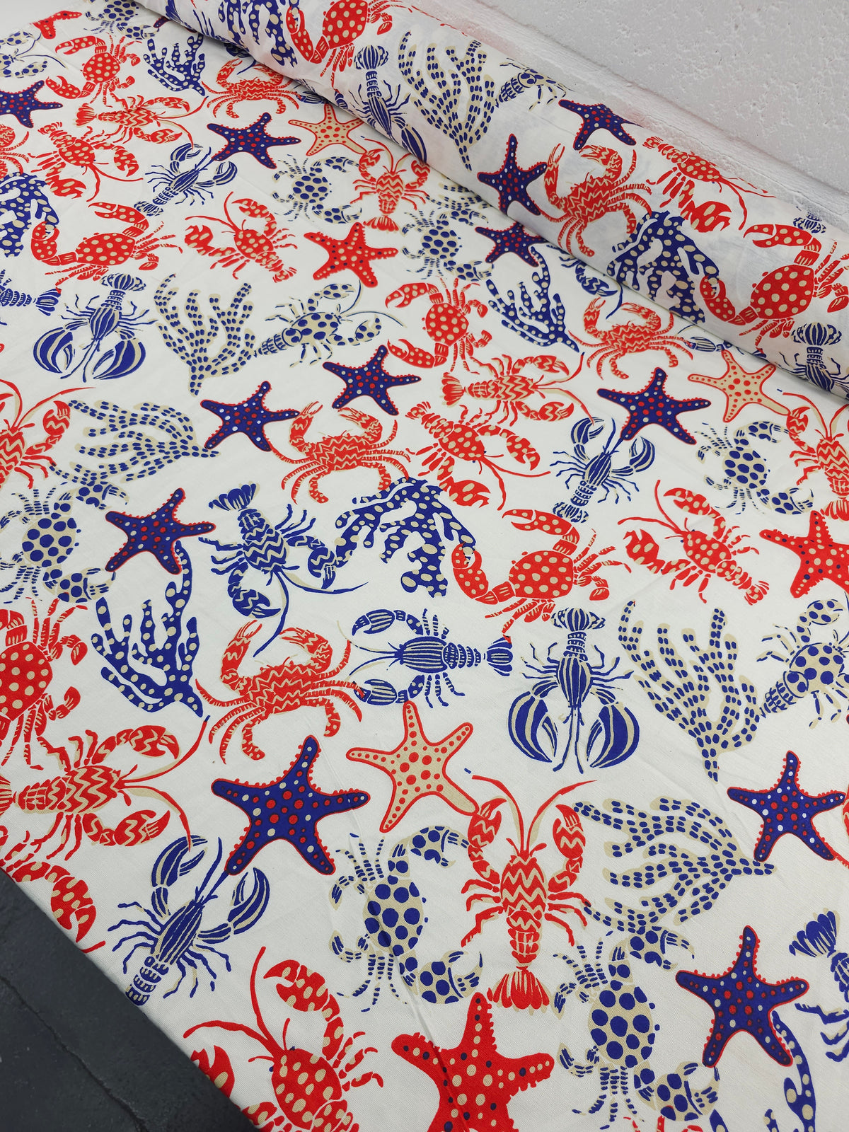 Red/Blue Sea Life Flax Cotton - The Salty Mermaid
