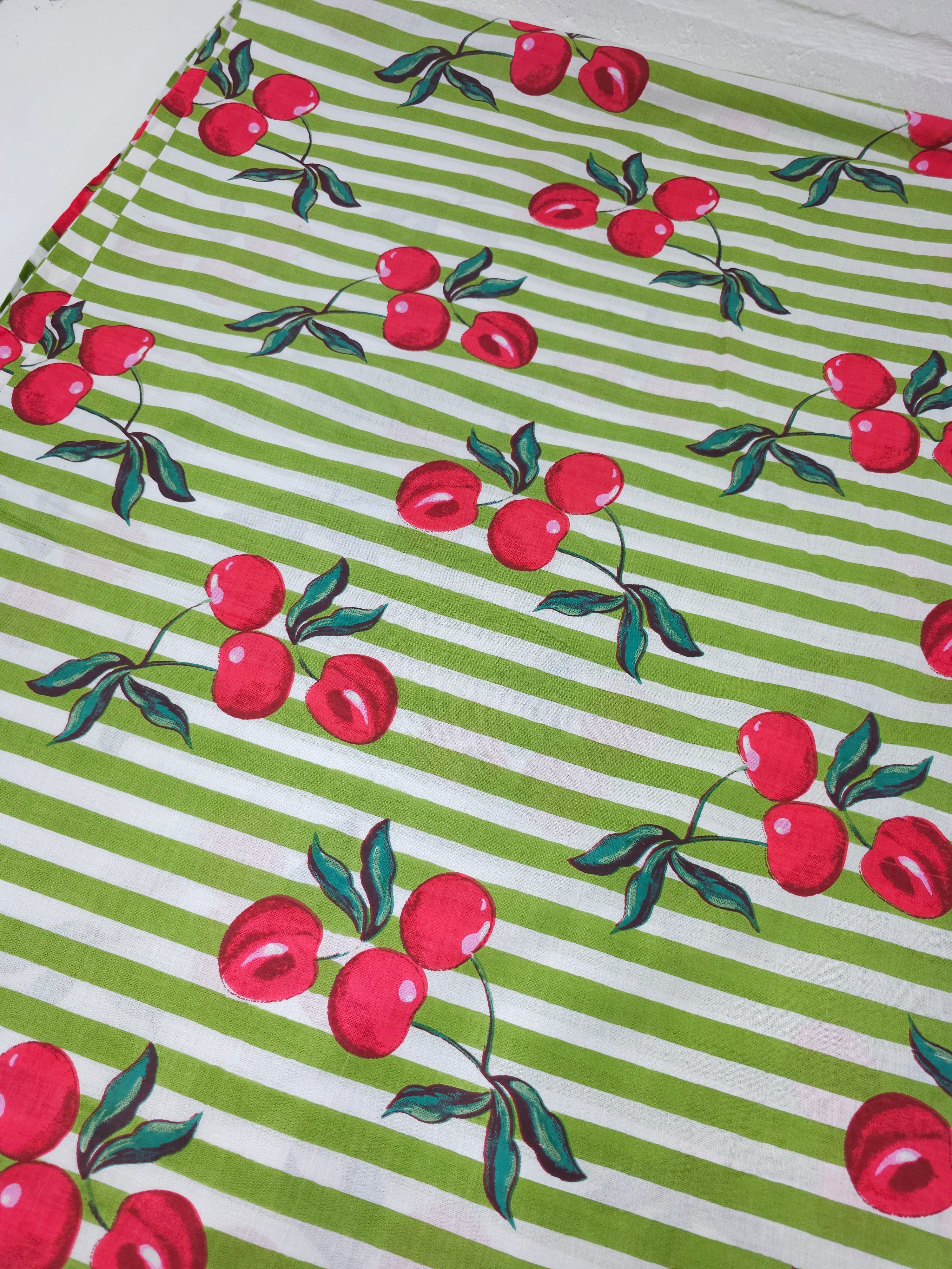 Muted Green Cherry Stripe Lightweight Cambric Cotton