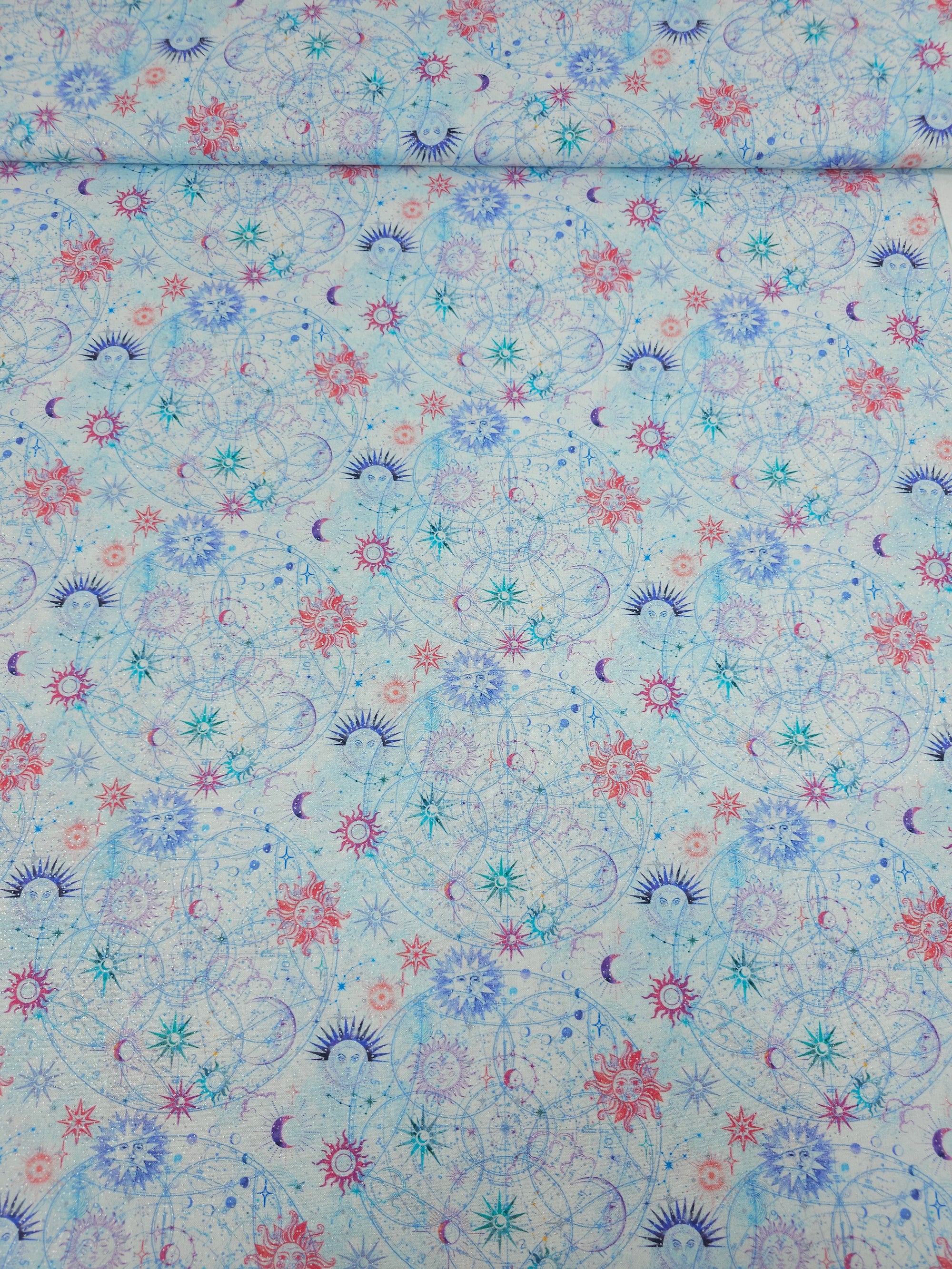 Light Blue/Silver Celestial Skies 100% Cotton - Benartex