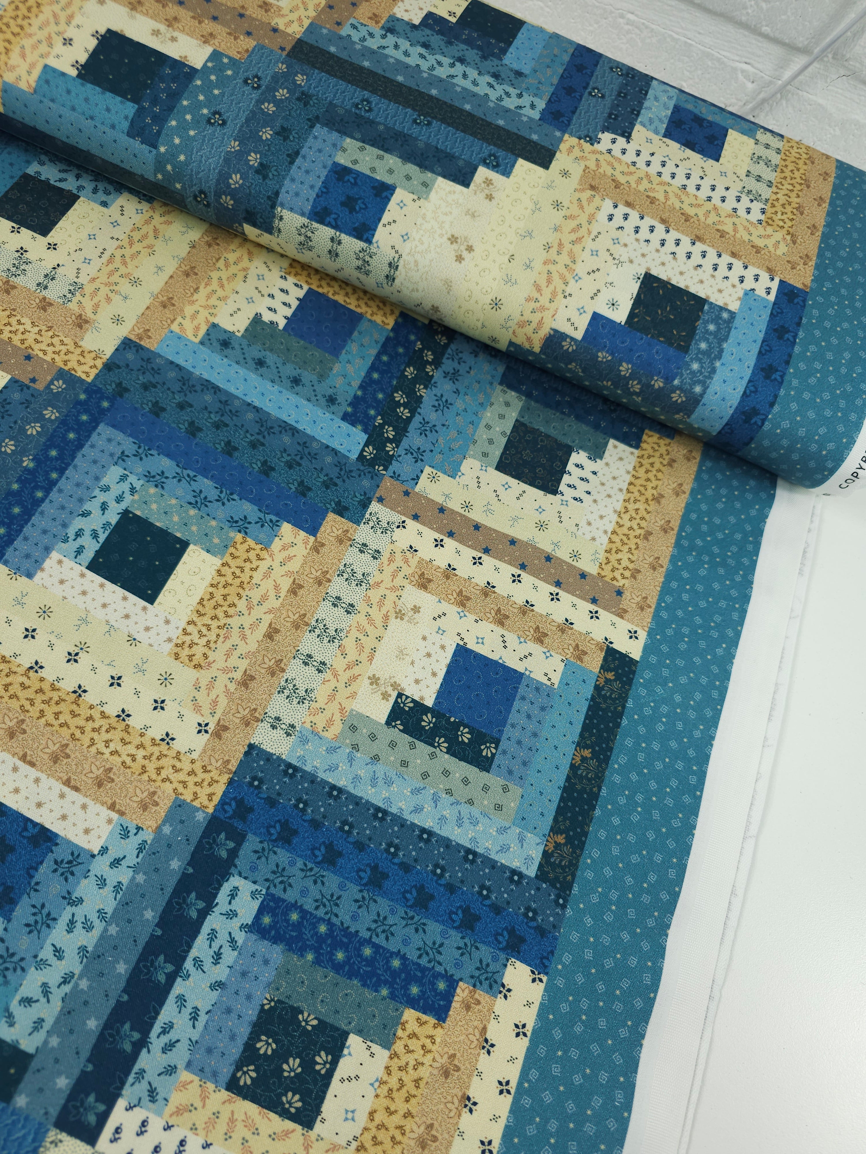 Blue/Cream Muted Patchwork 100% Cotton