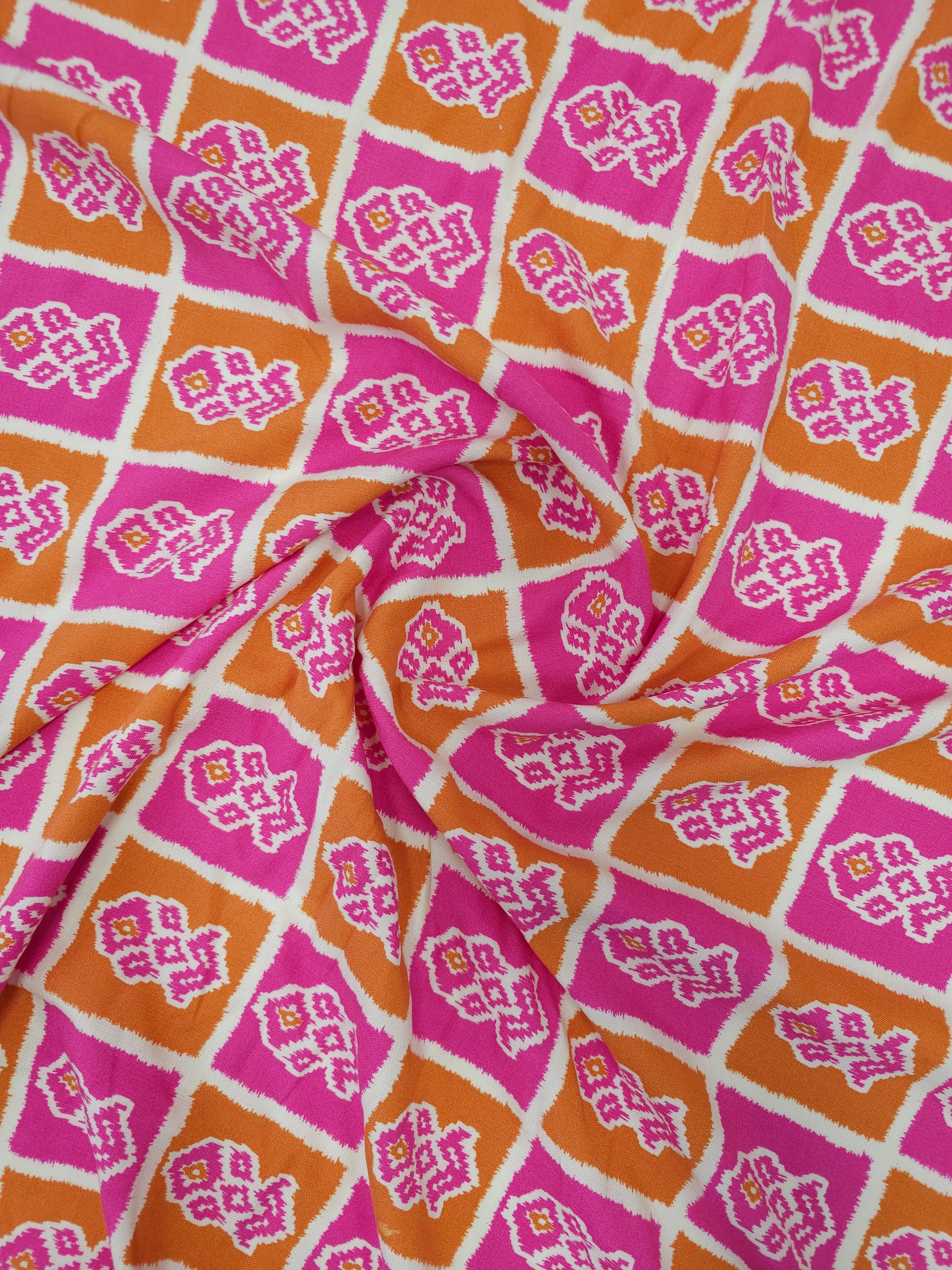 Pink/Orange Abstract Ikat Viscose Challis