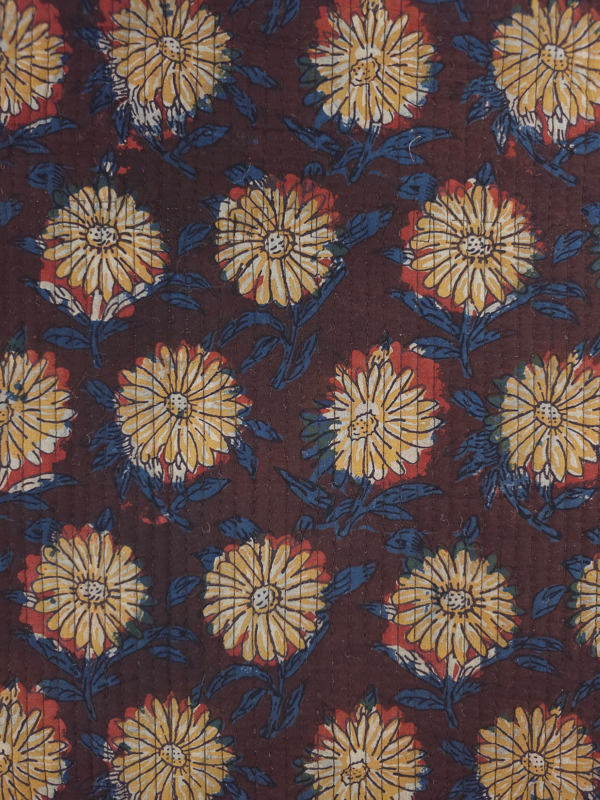 Deep Burgundy/Blue Ruffle Floral Quilted Block Print