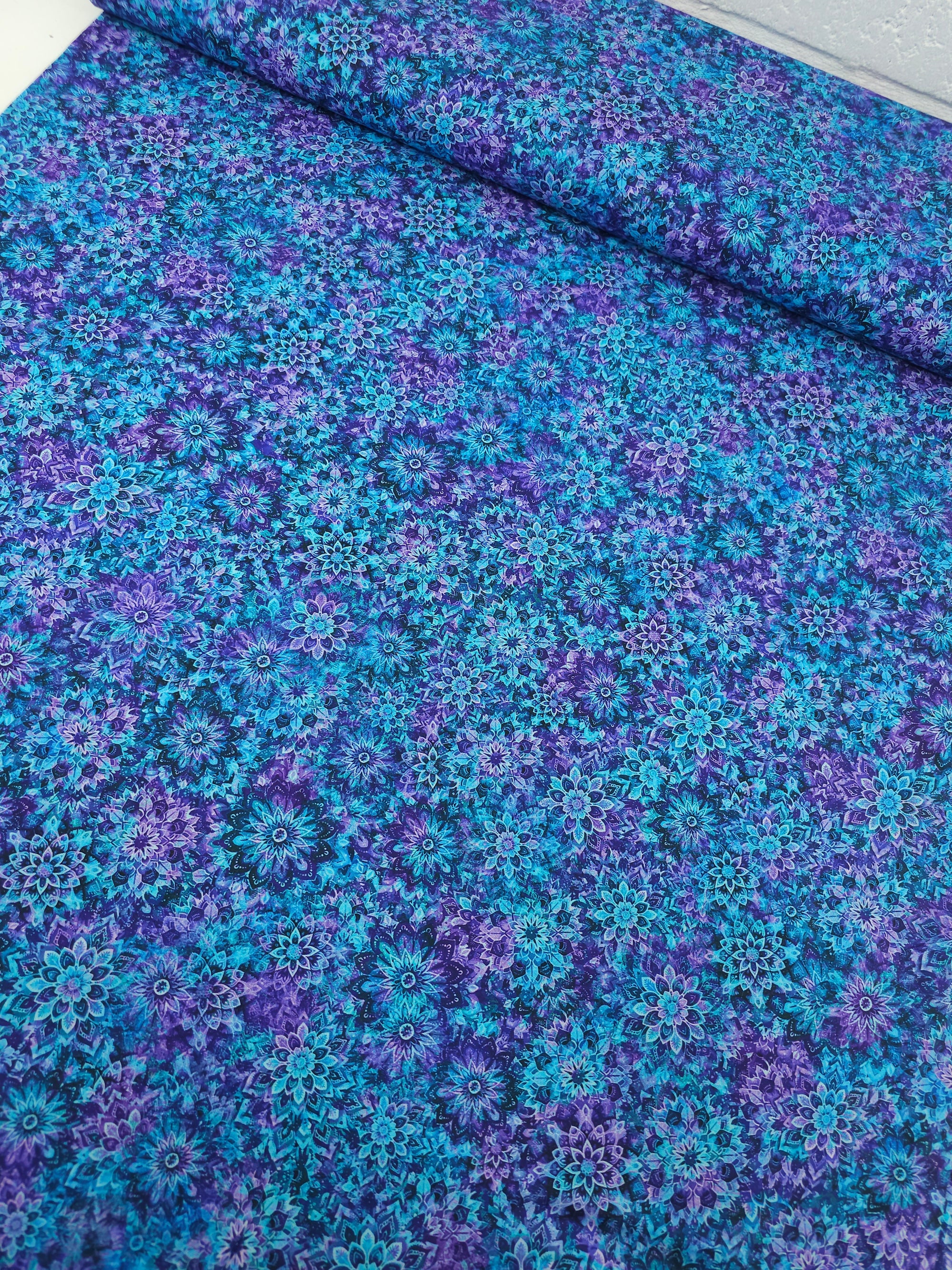 Purple/Turquoise Dancing Dahlias Kaleidoscope 100% Cotton