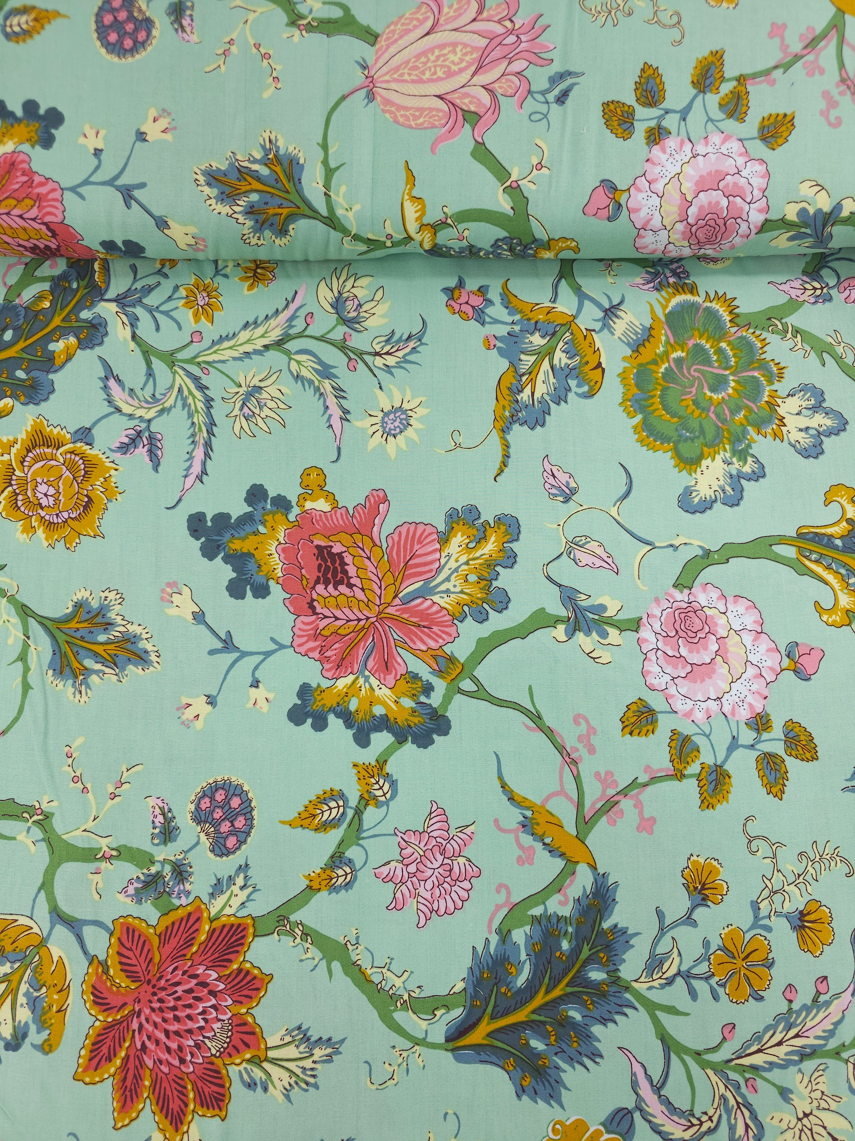 Minty Green Retro Floral 100% Cotton 110"
