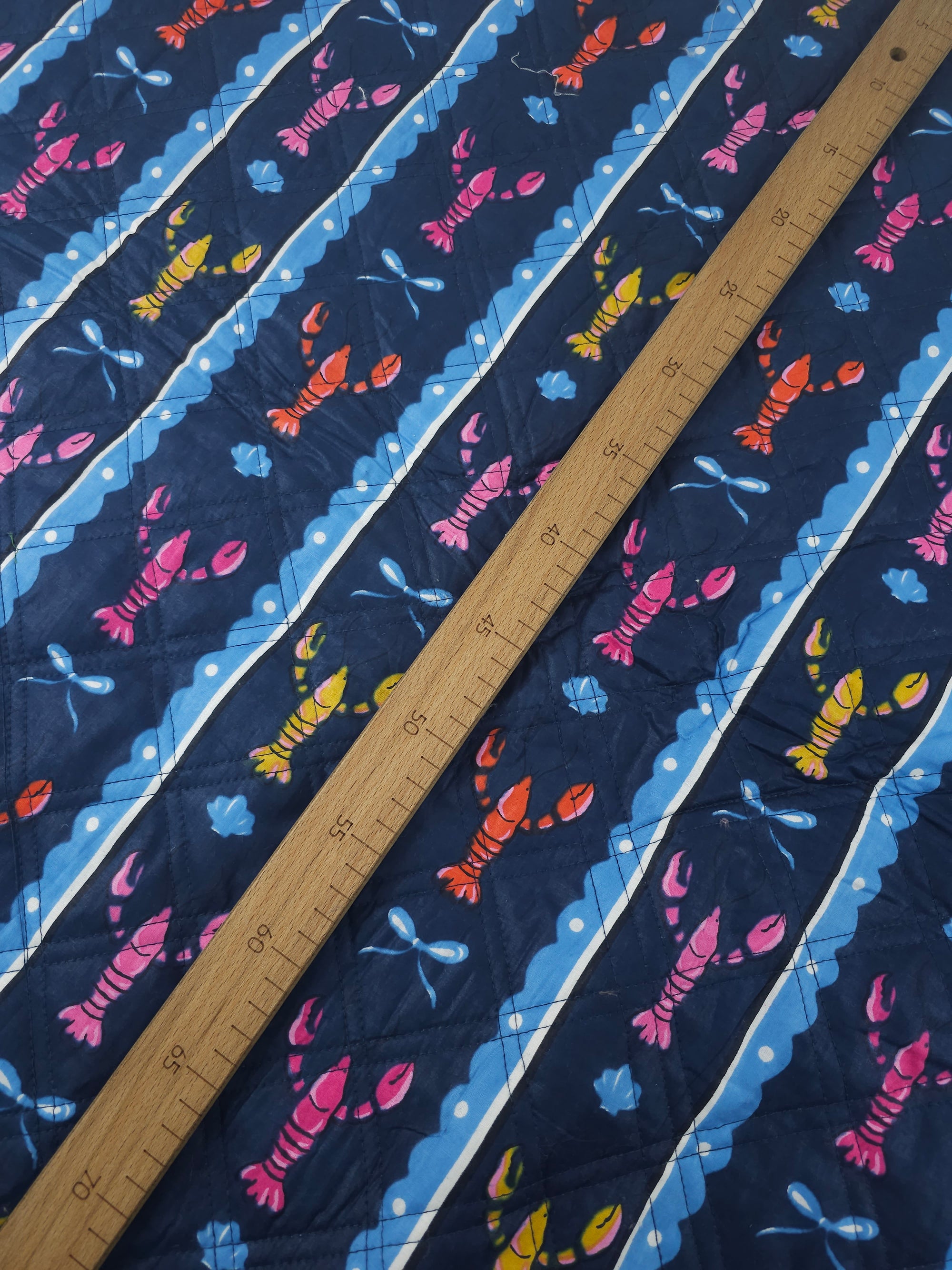 Petrol Navy Lobster Stripe Quilted Screen Print - 1.35m Piece