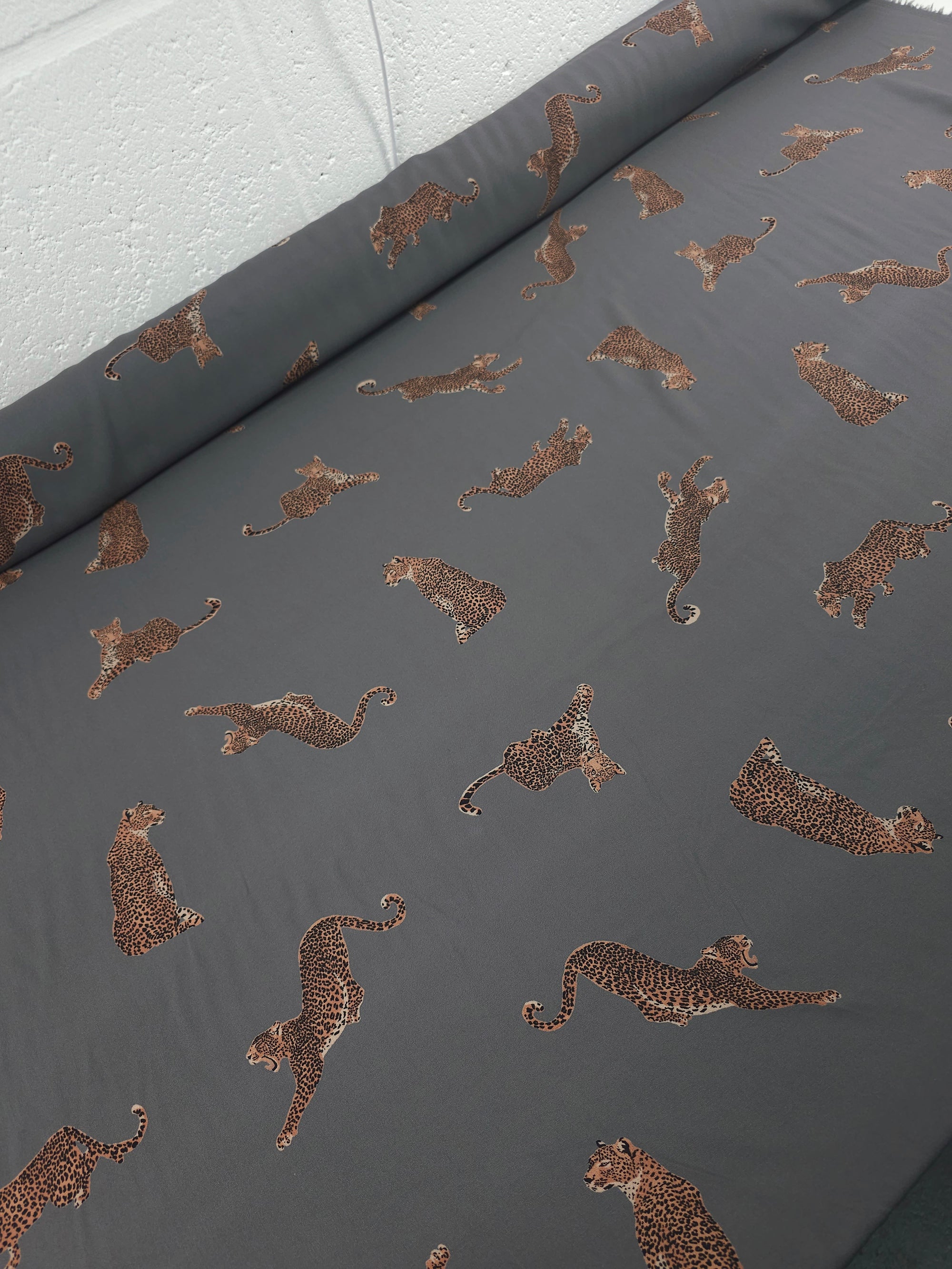 Grey Roaming Leopards Viscose Challis