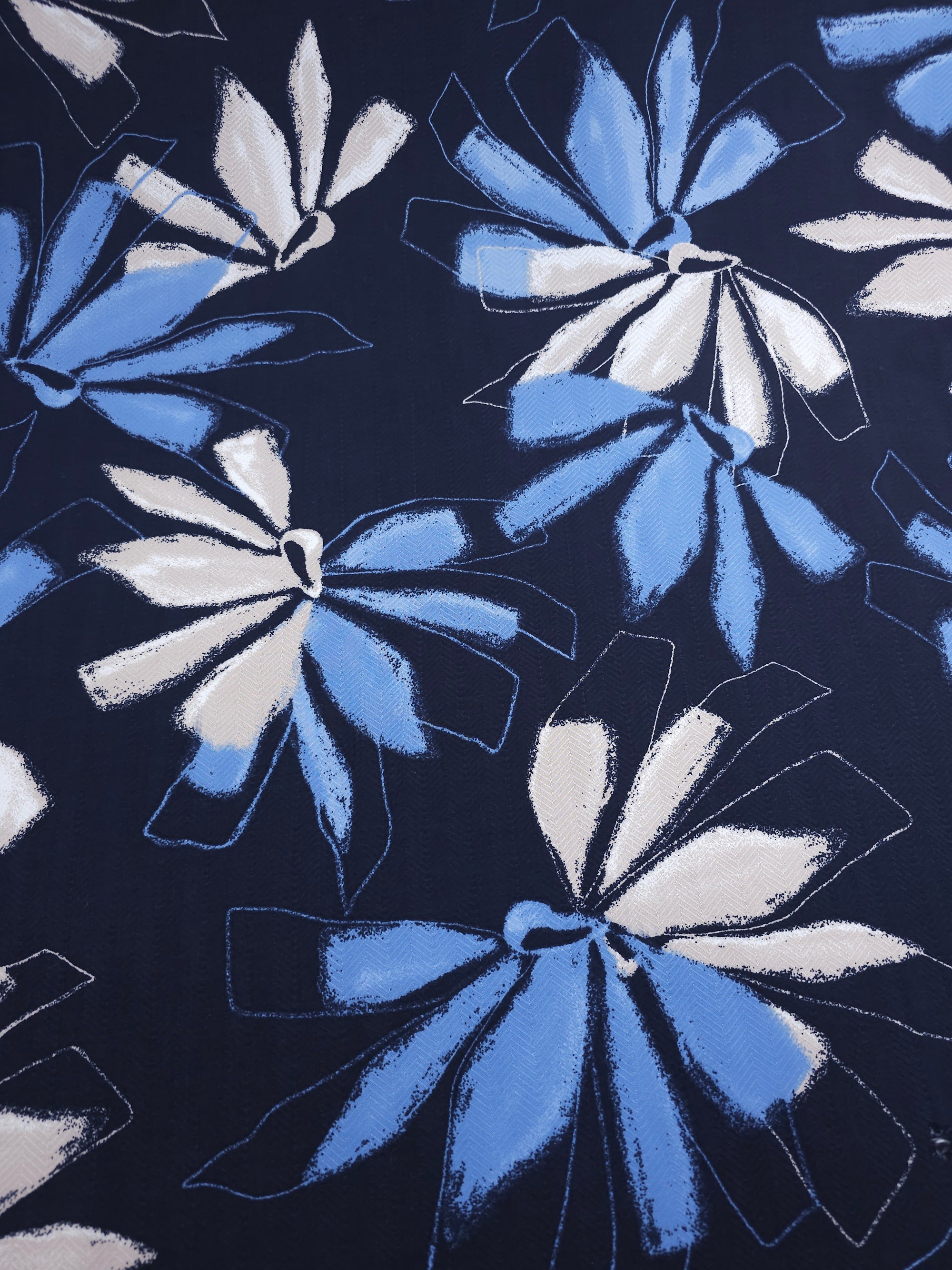 Navy Abstract Floral Herringbone Cupro Viscose