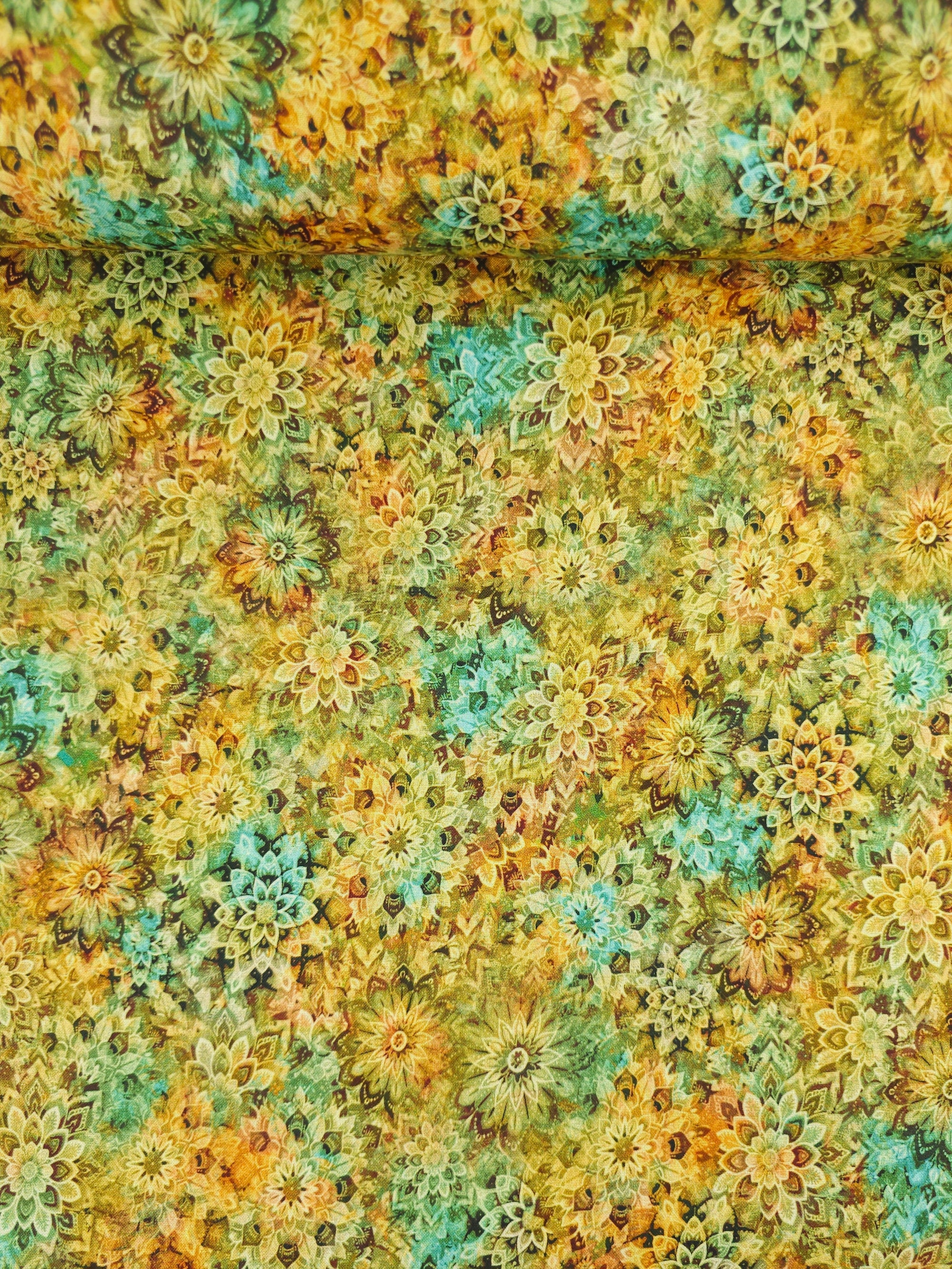 Marigold/Turquoise Dancing Dahlias Kaleidoscope 100% Cotton 108" *EXTRA WIDE*