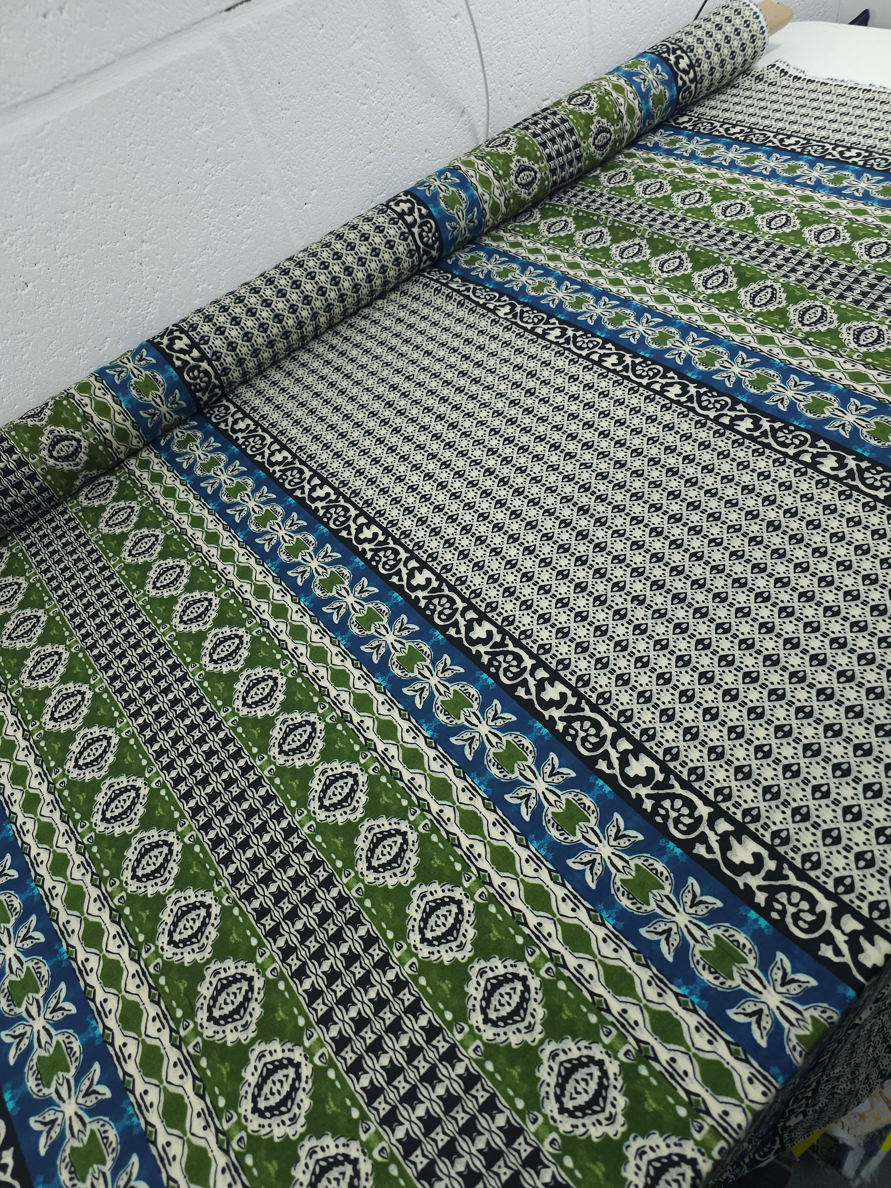 Green/Blue Boho Panel Stripe Viscose Challis