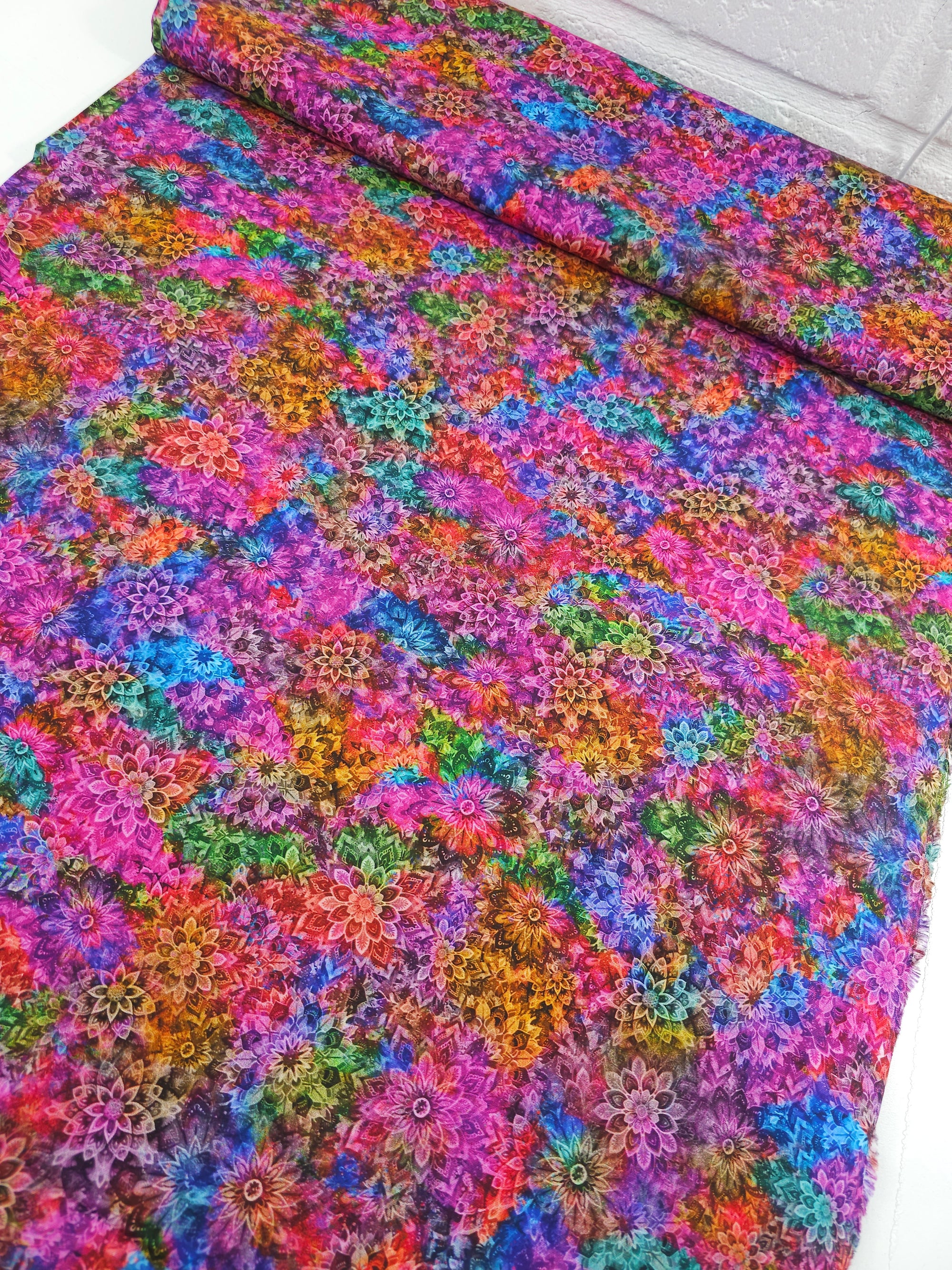 Deep Multicolour Dancing Dahlias Kaleidoscope 100% Cotton