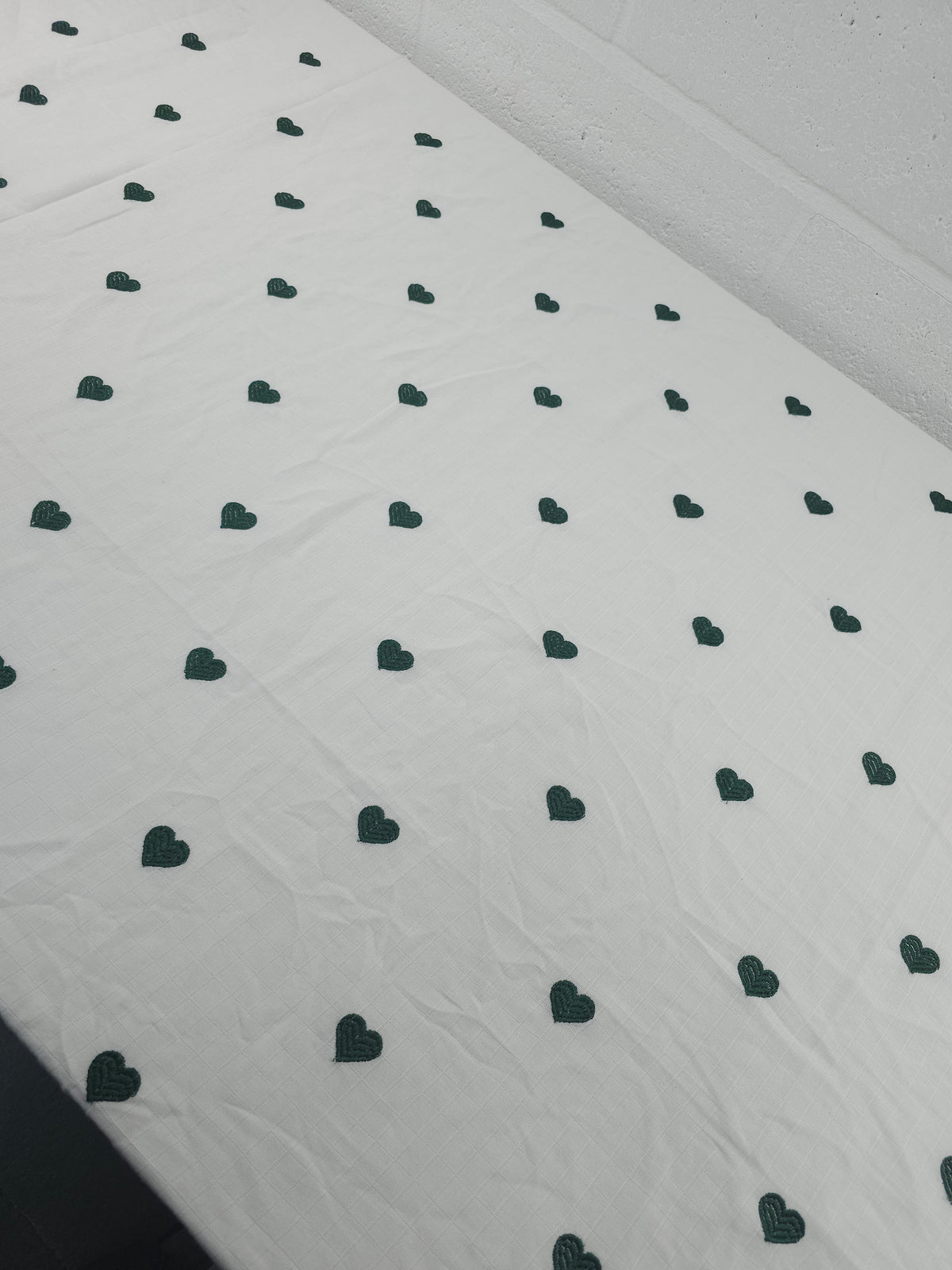 Dark Green Embroidered Hearts Grid Double Gauze