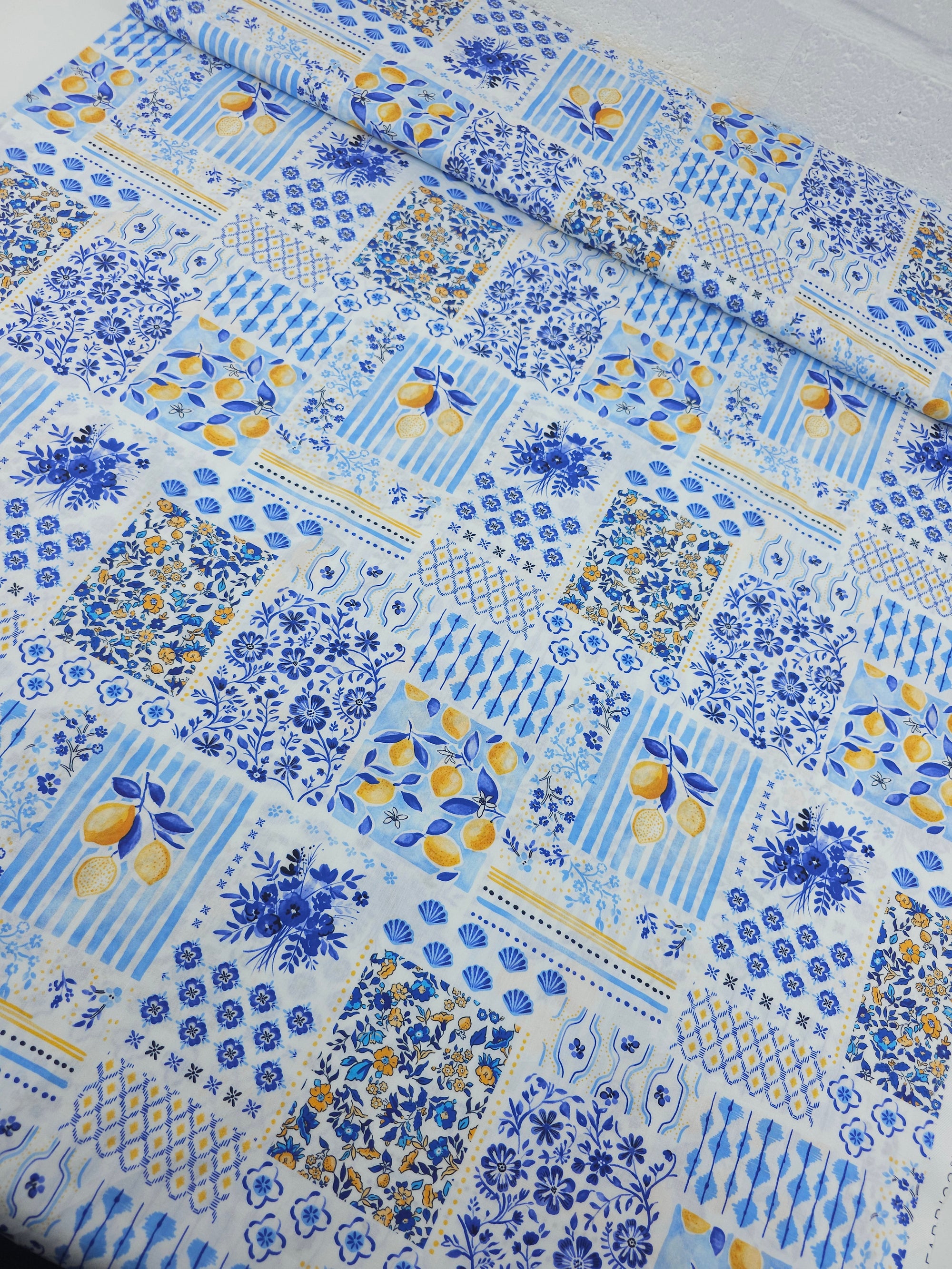 Blue Mediterannean Lemon Tile Lightweight Cotton 57"