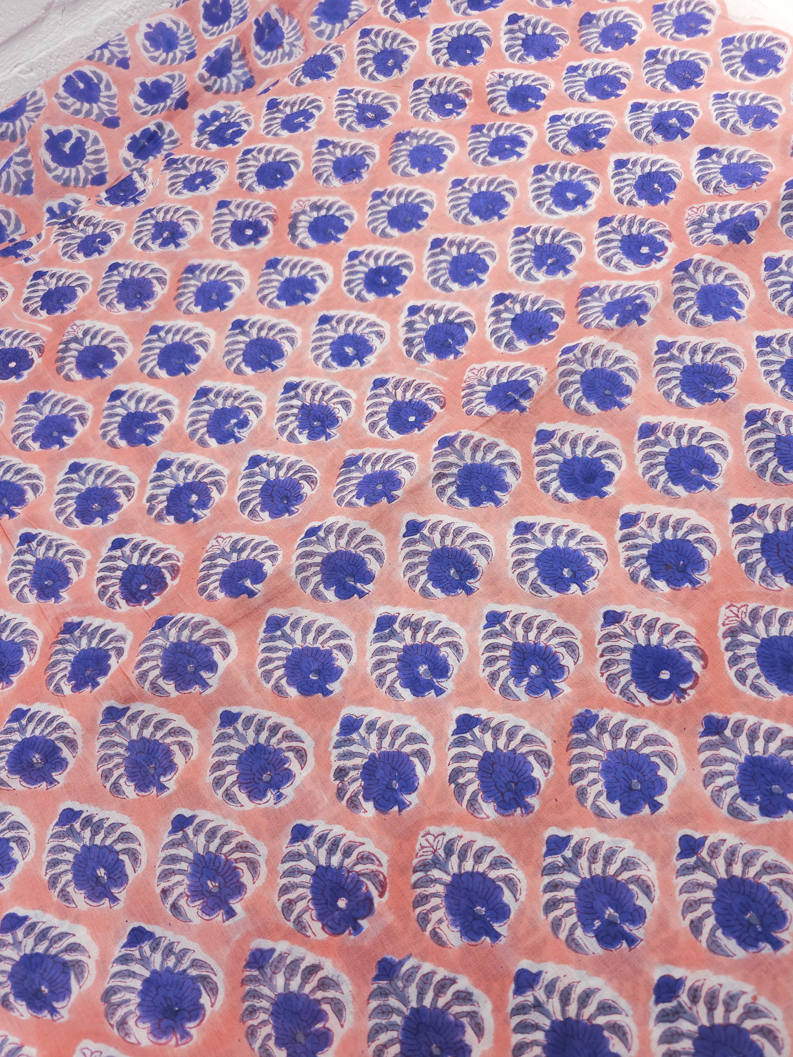 Peach/Blue Palm Floral Block Print Cotton