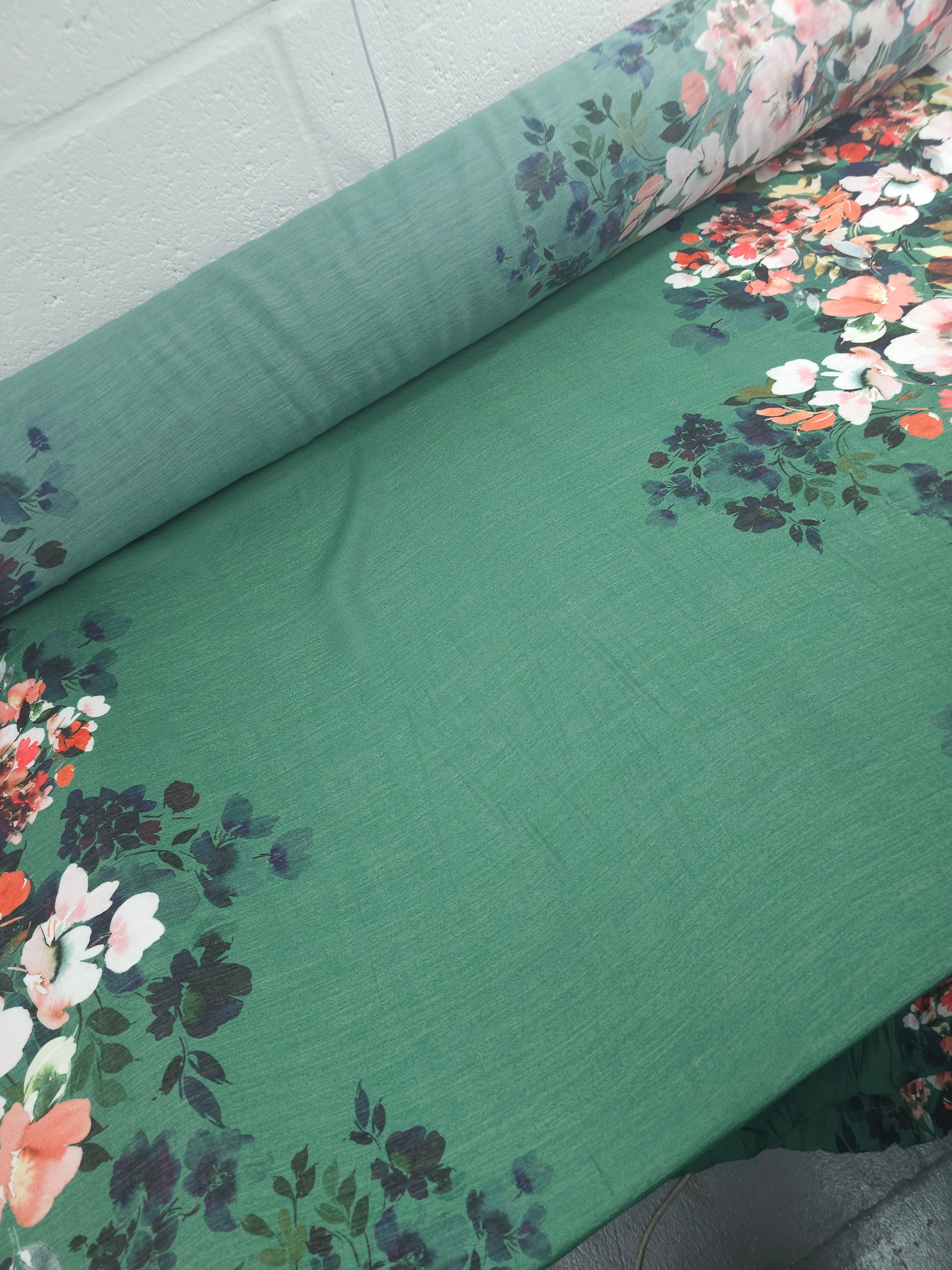 Green Double Floral Border Viscose Voile
