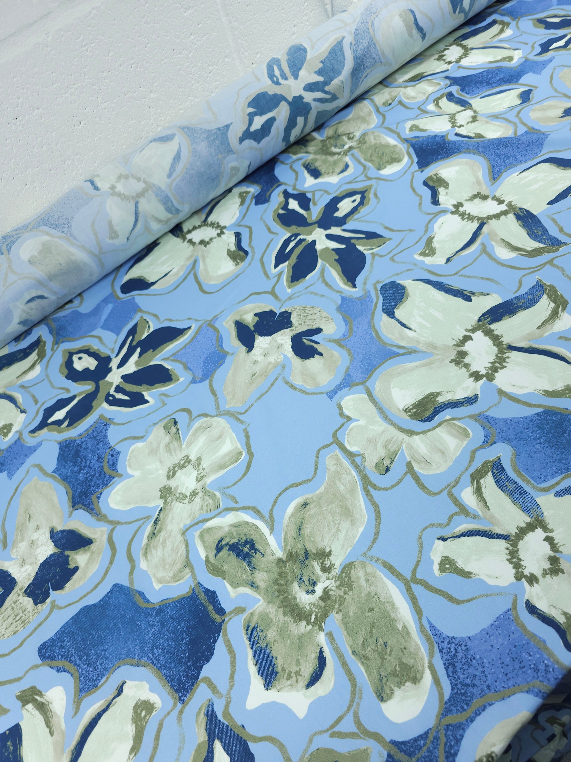 Blue/Sage Watercolour Floral Lightweight Cotton