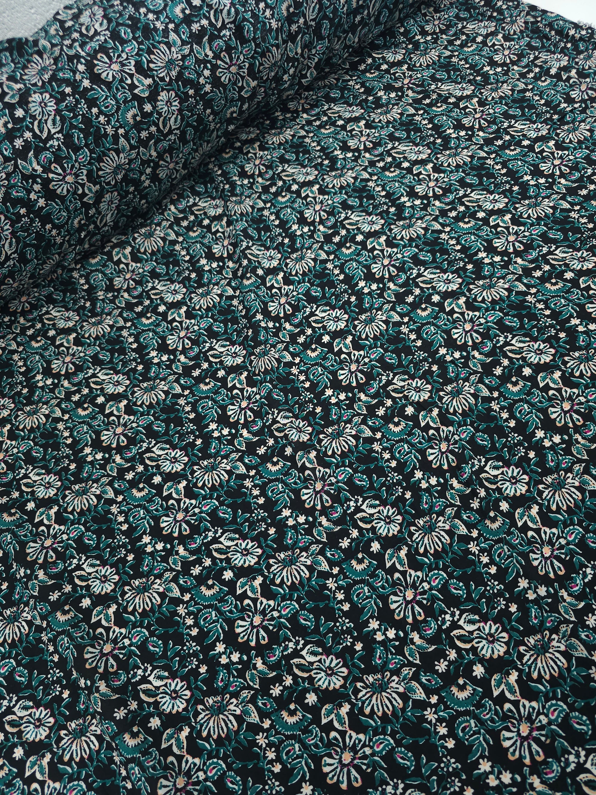 Peach/Dark Green Floral Paisley Viscose Challis