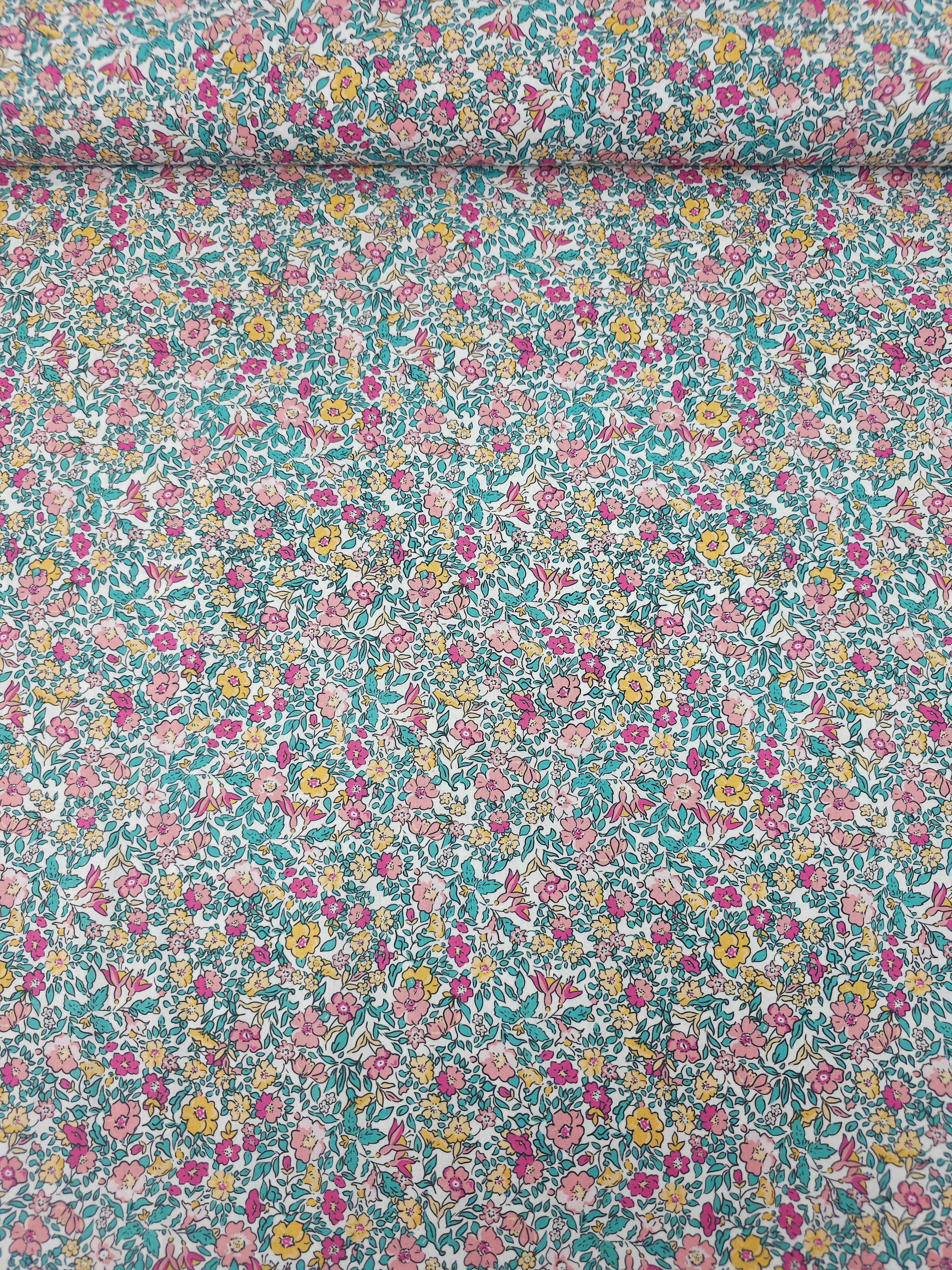 Pink/Turquoise Ditsy Watercolour Floral Party Lightweight Cotton 57"
