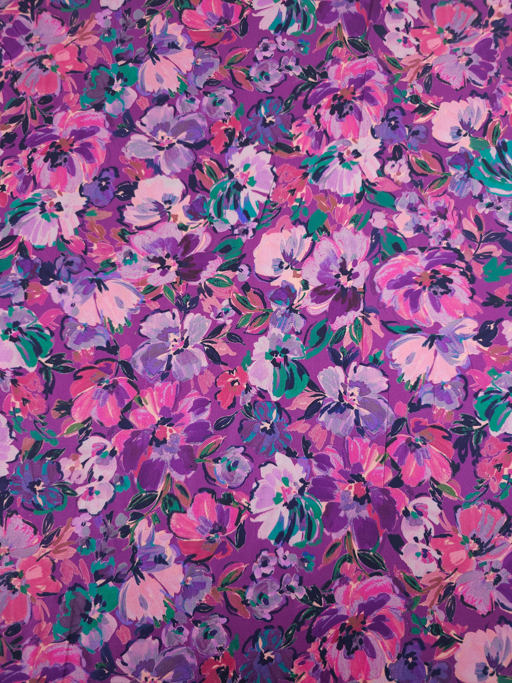Purple Painterly Floral Meadow Cotton Satin 60"