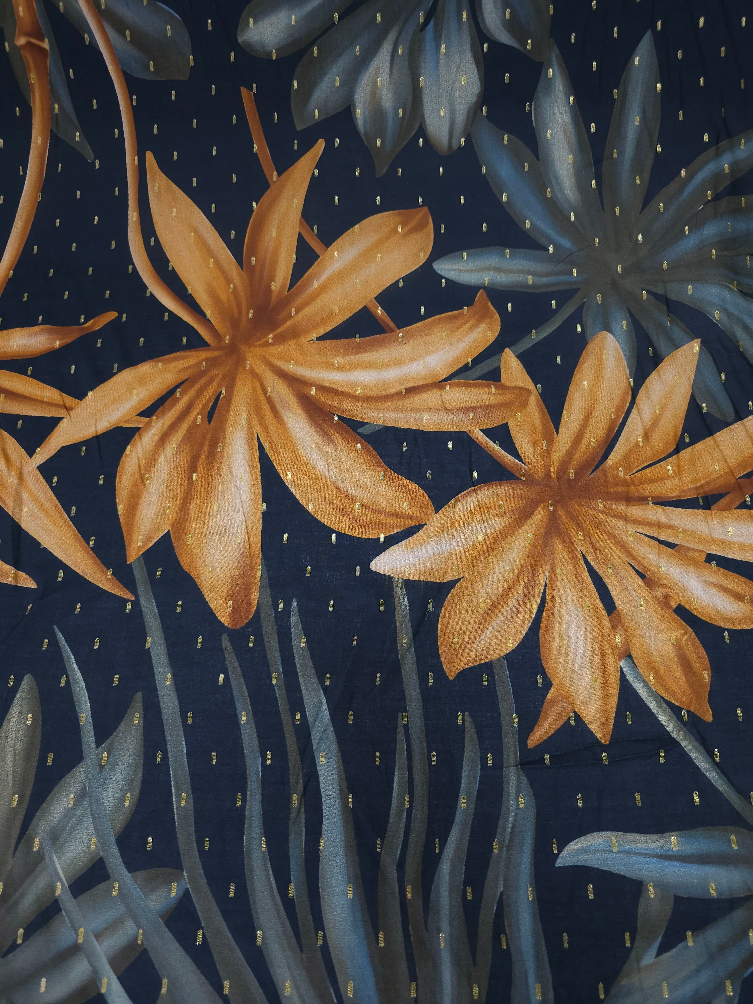Navy Large Floral Twine Lurex Viscose