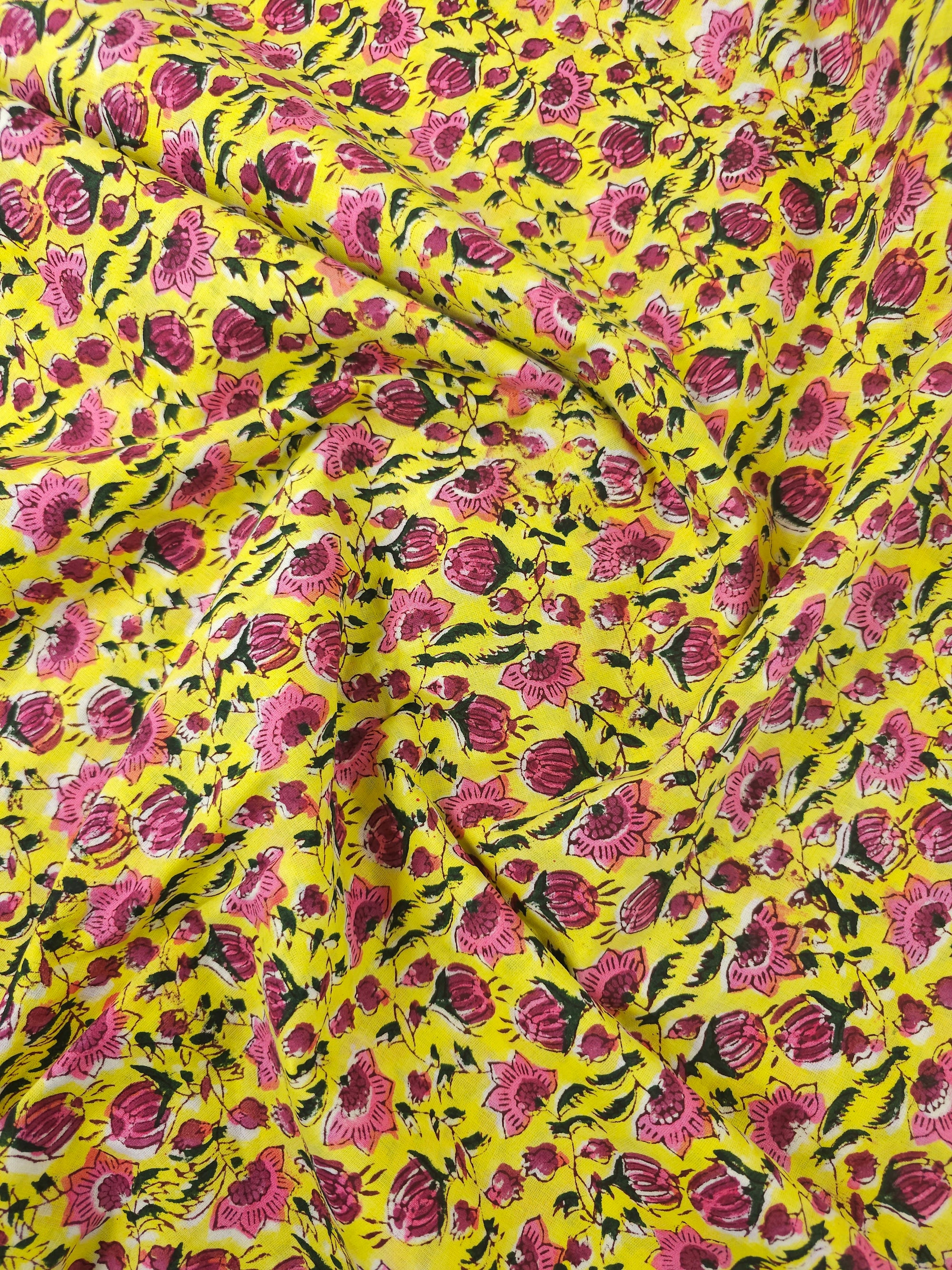 Magenta Pink/Yellow Floral Block Print Cotton