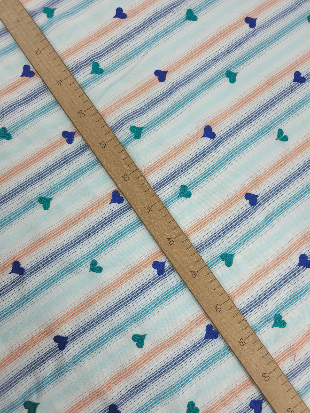 Blue/Teal Embroidered Heart Stripe Cotton