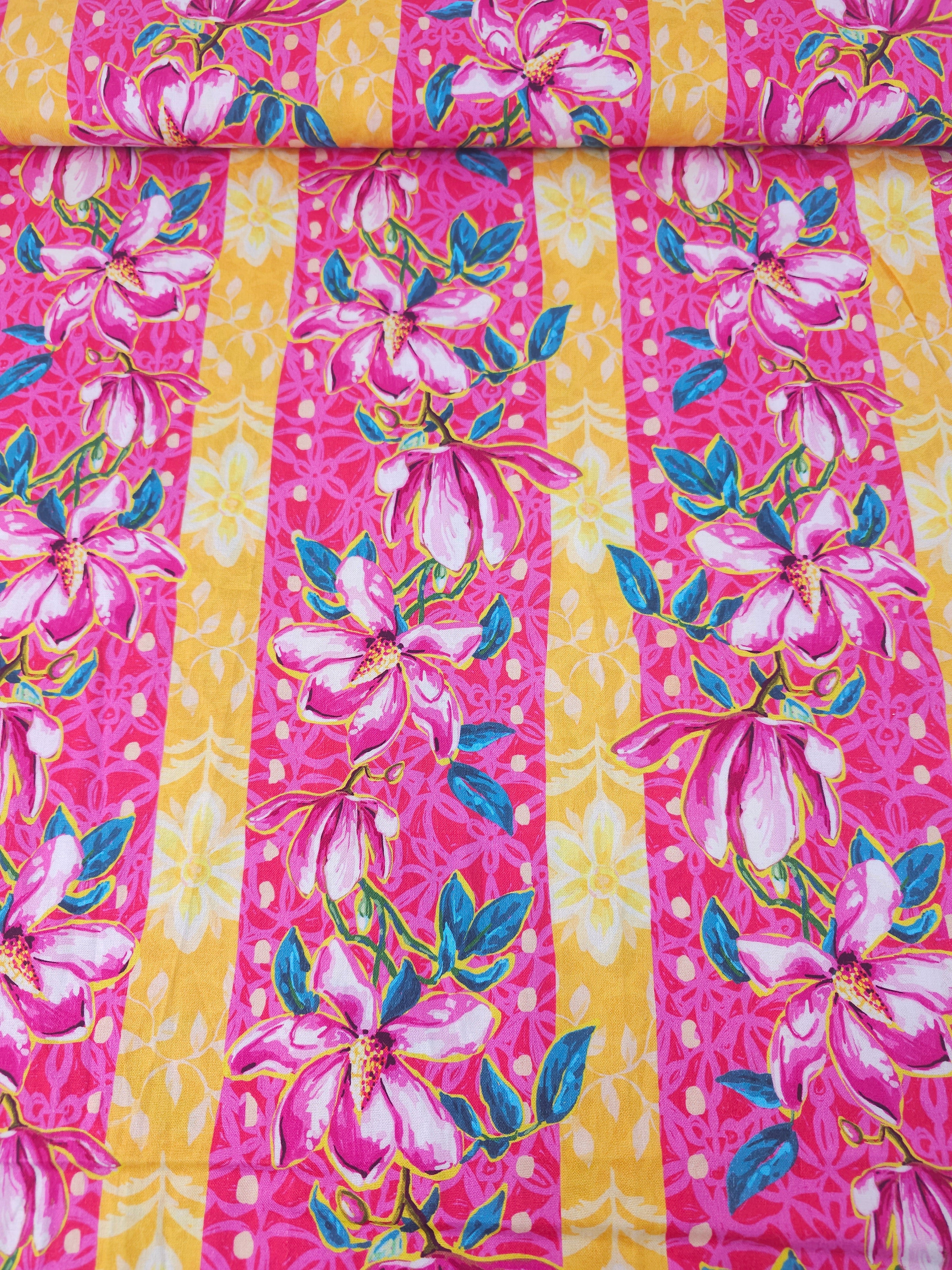 Pink Wild Magnolias Stripe 100% Cotton - Odile Bailloeul