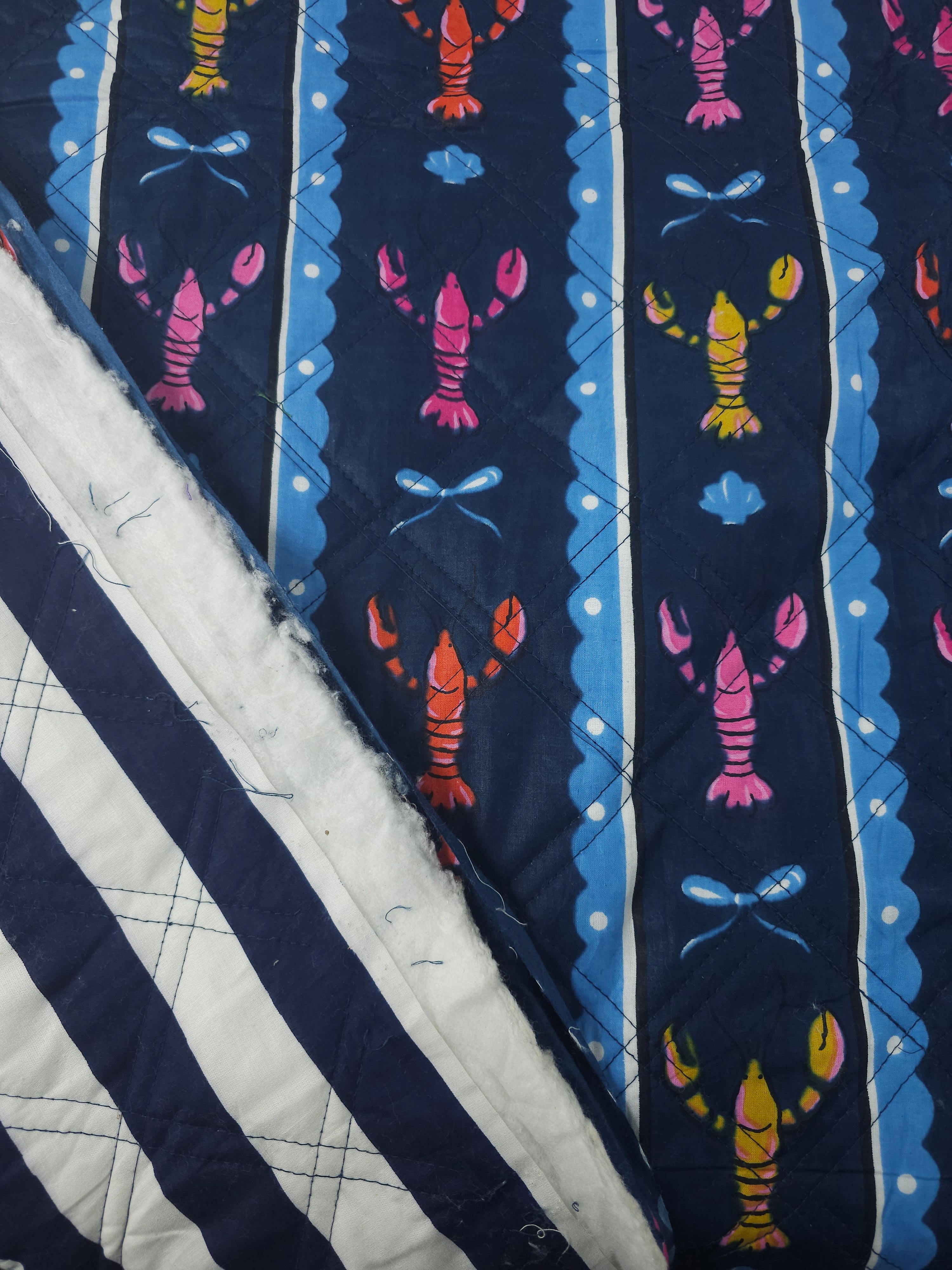 Petrol Navy Lobster Stripe Quilted Screen Print - 1.35m Piece