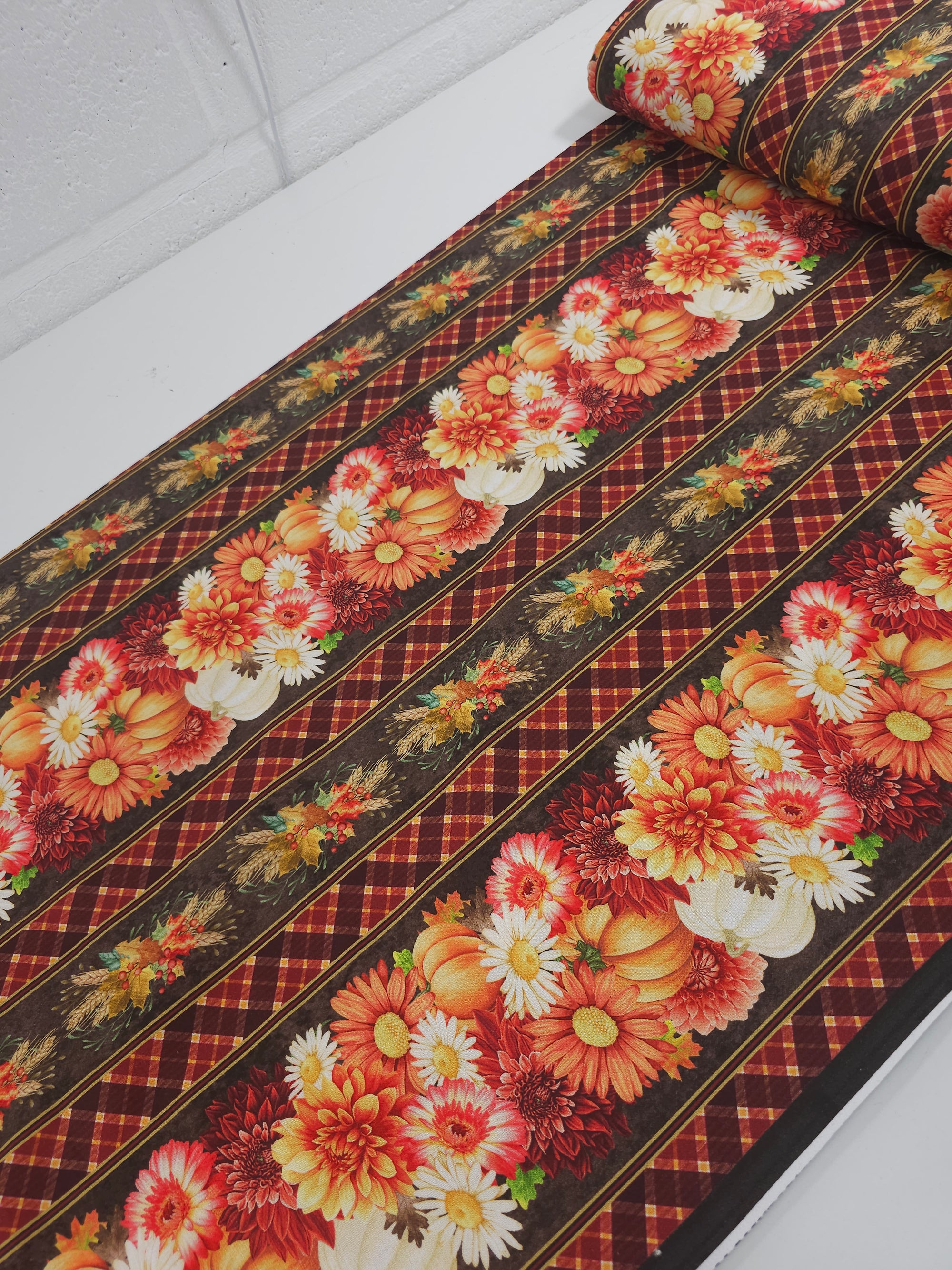 Pumpkin Floral Border Stripe 100% Cotton