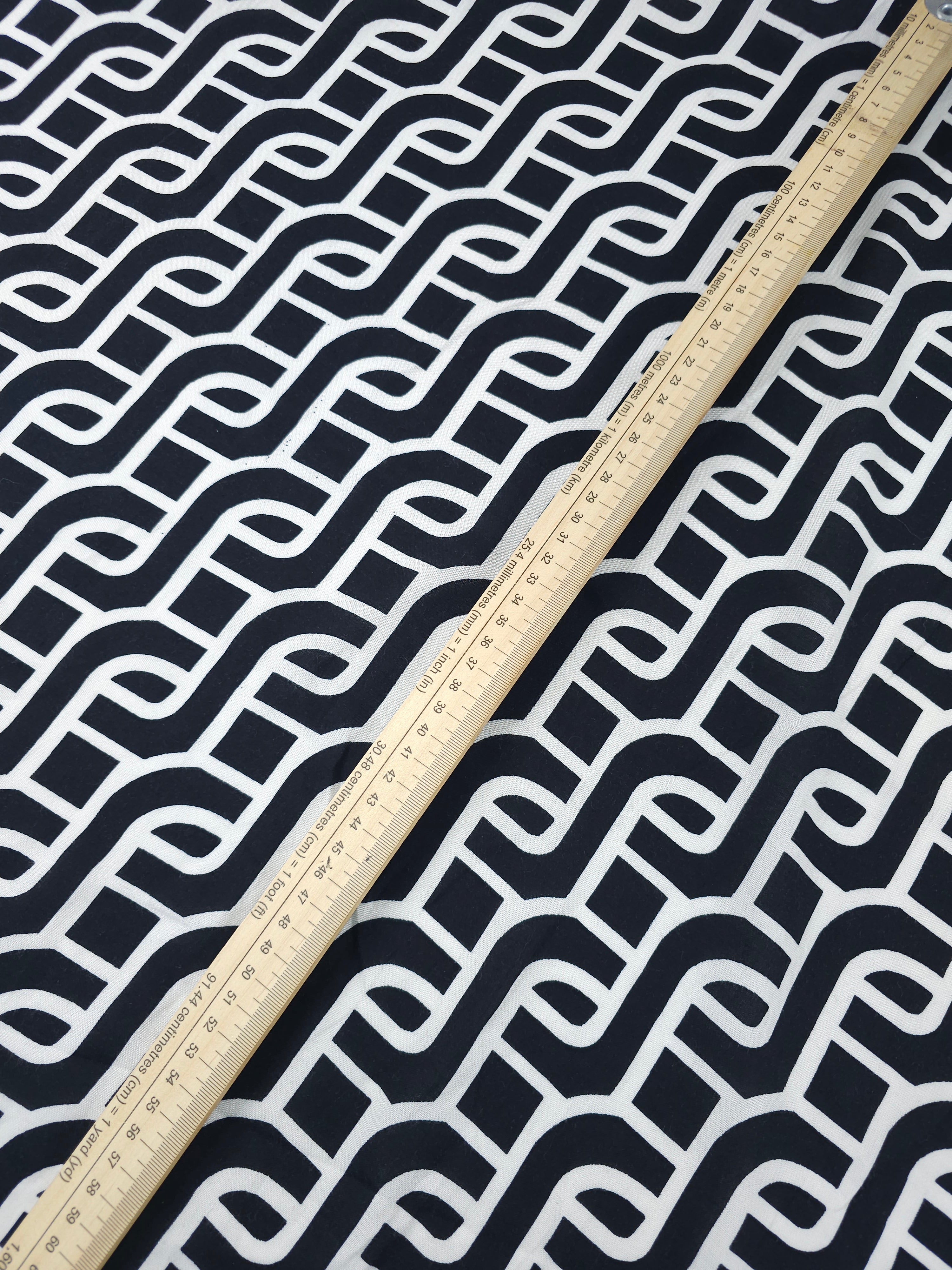 Black/Off-White Geometric Step Link Viscose Challis