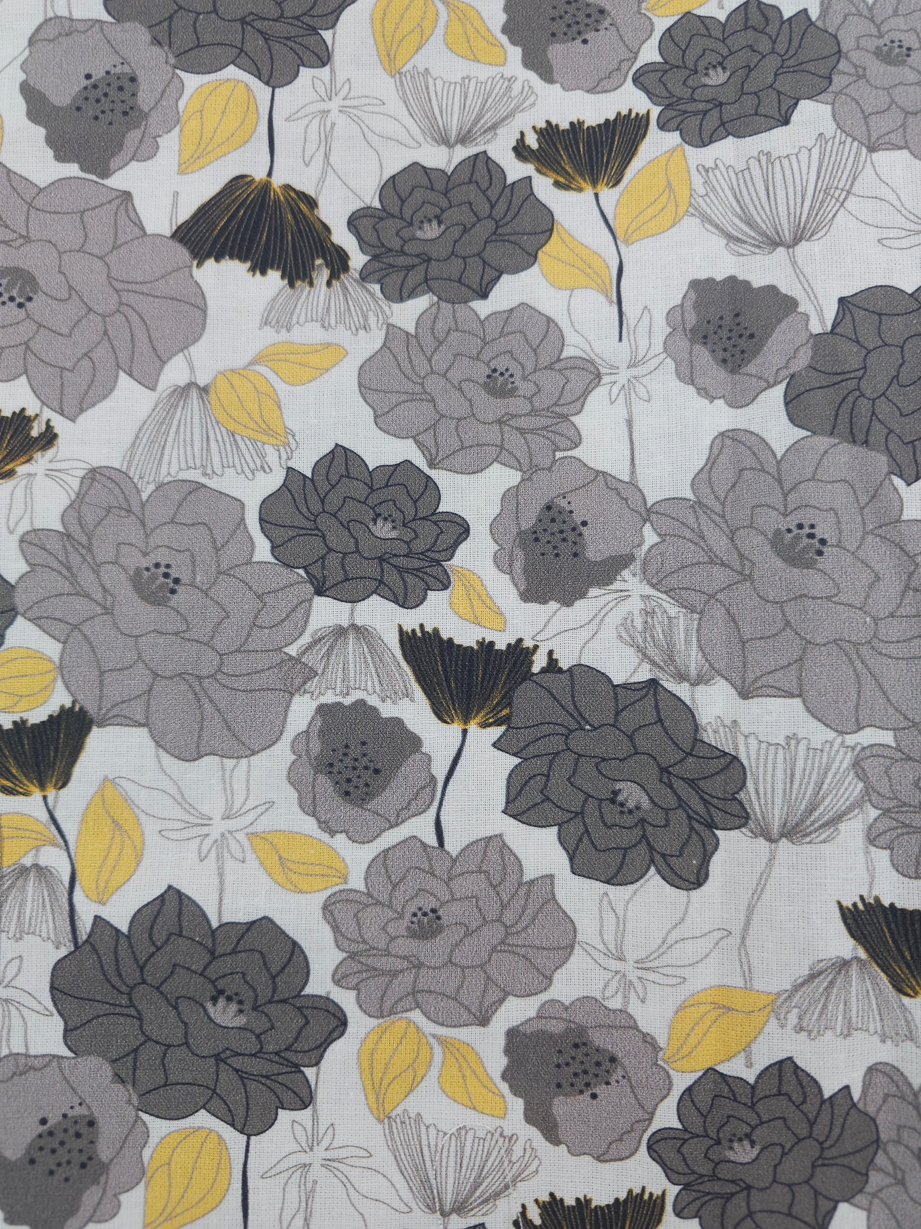 Grey and yellow floral Cotton- 1m piece