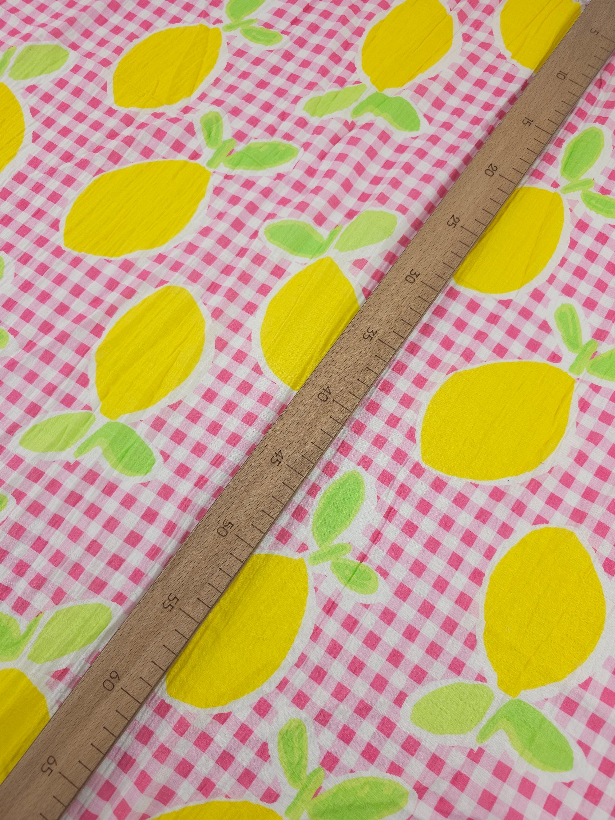 Pink Big Lemon Gingham Cotton Flax