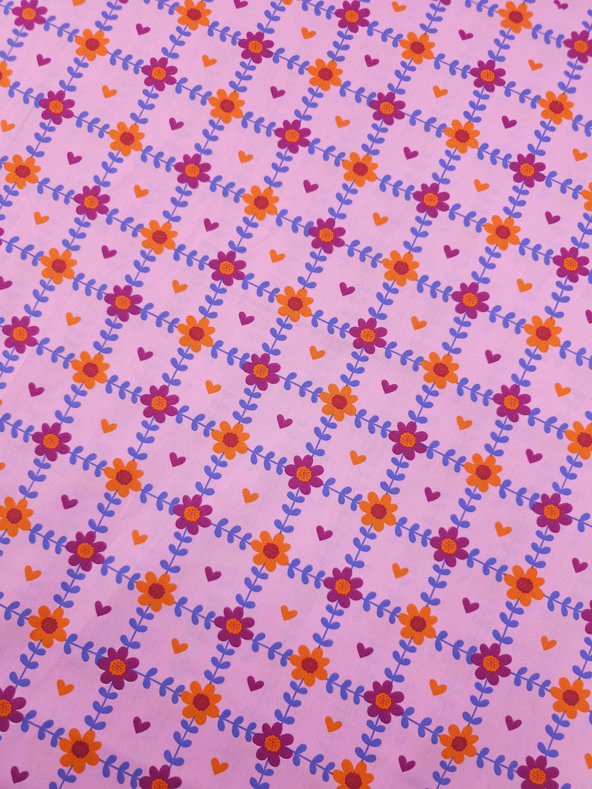 Pink Floral Grid Hearts Lightweight Cotton 57"