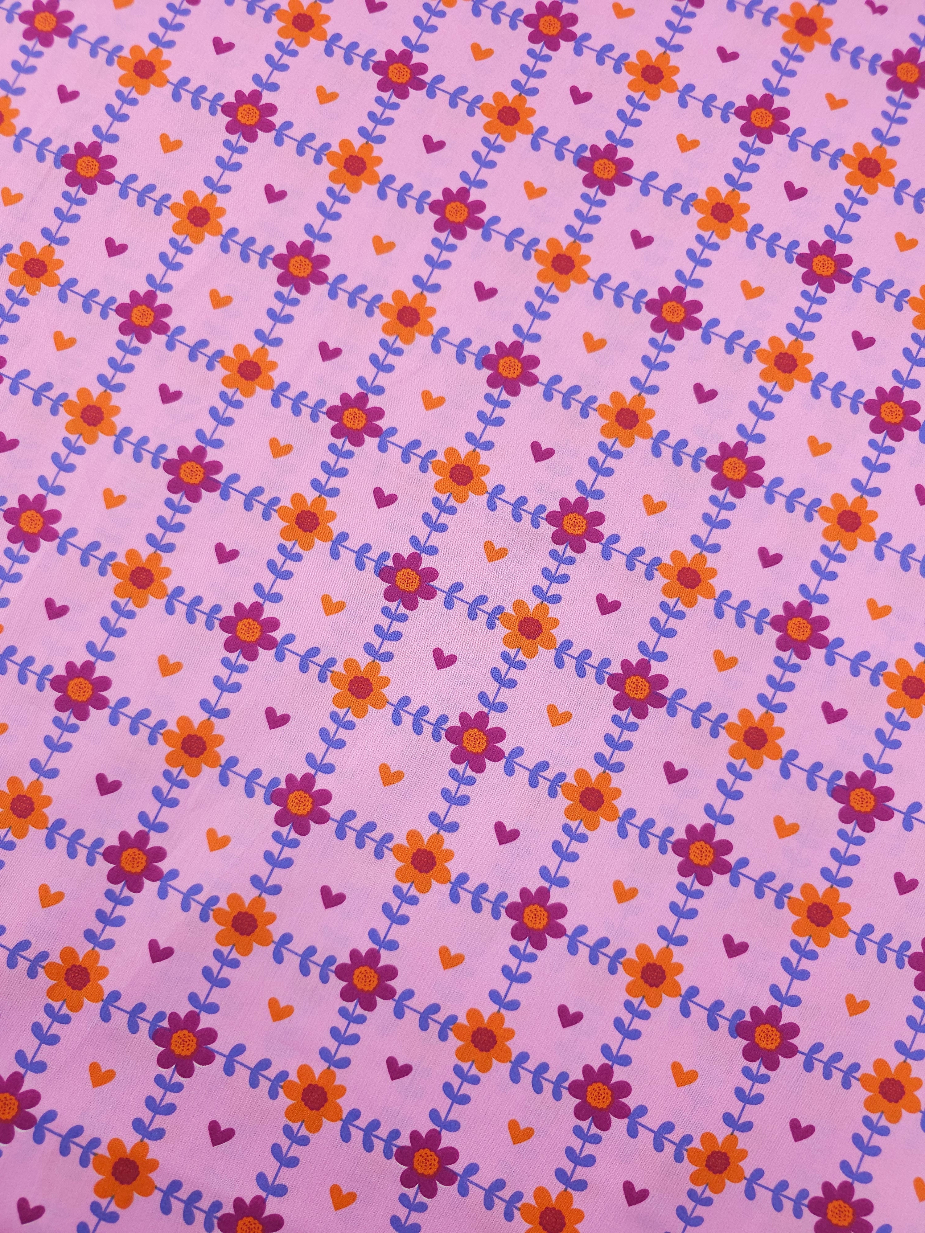 Pink Floral Grid Hearts Lightweight Cotton 57"