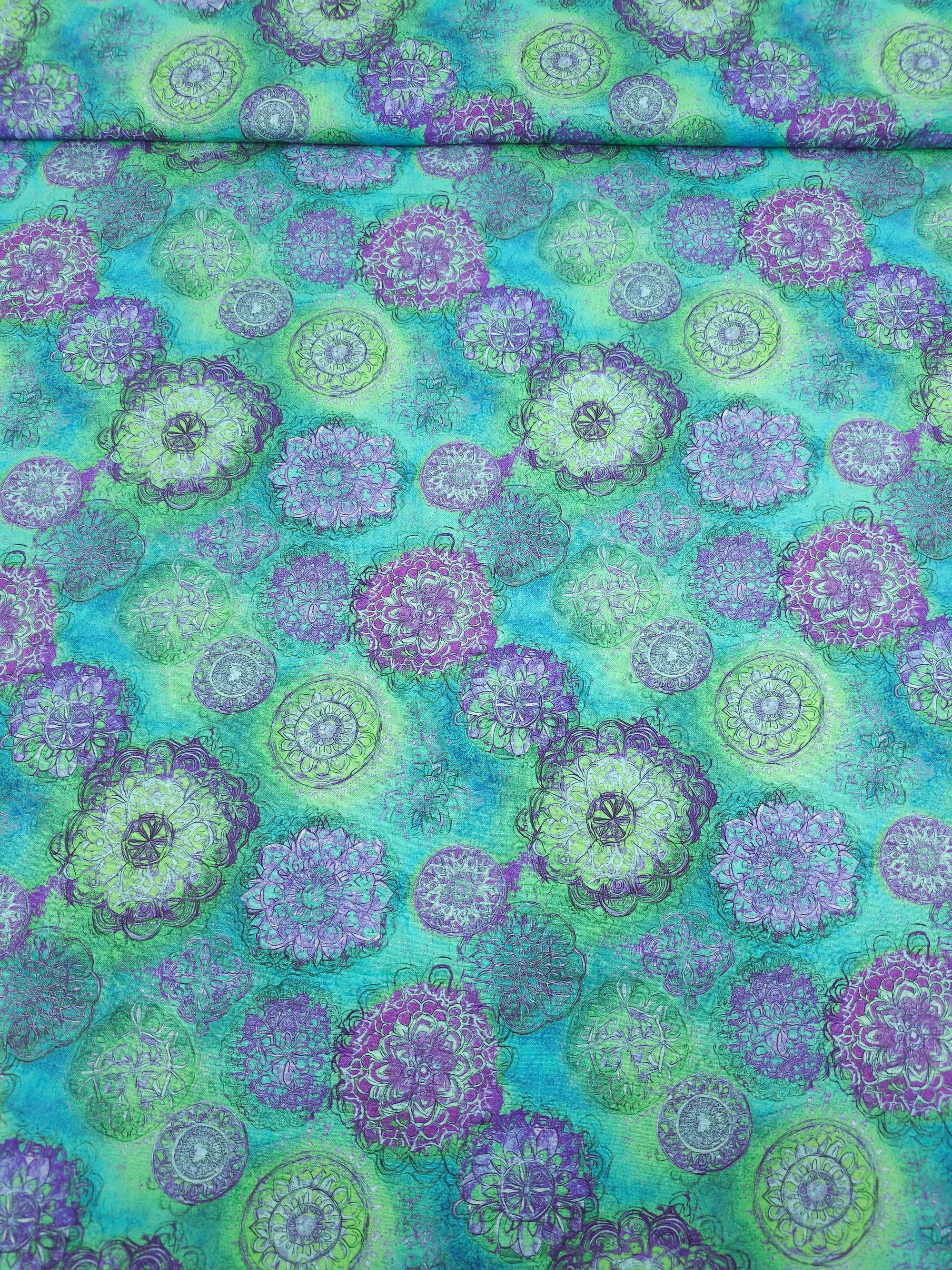 Aqua/Purple Spiral Medallion 100% Cotton 106" *EXTRA WIDE*