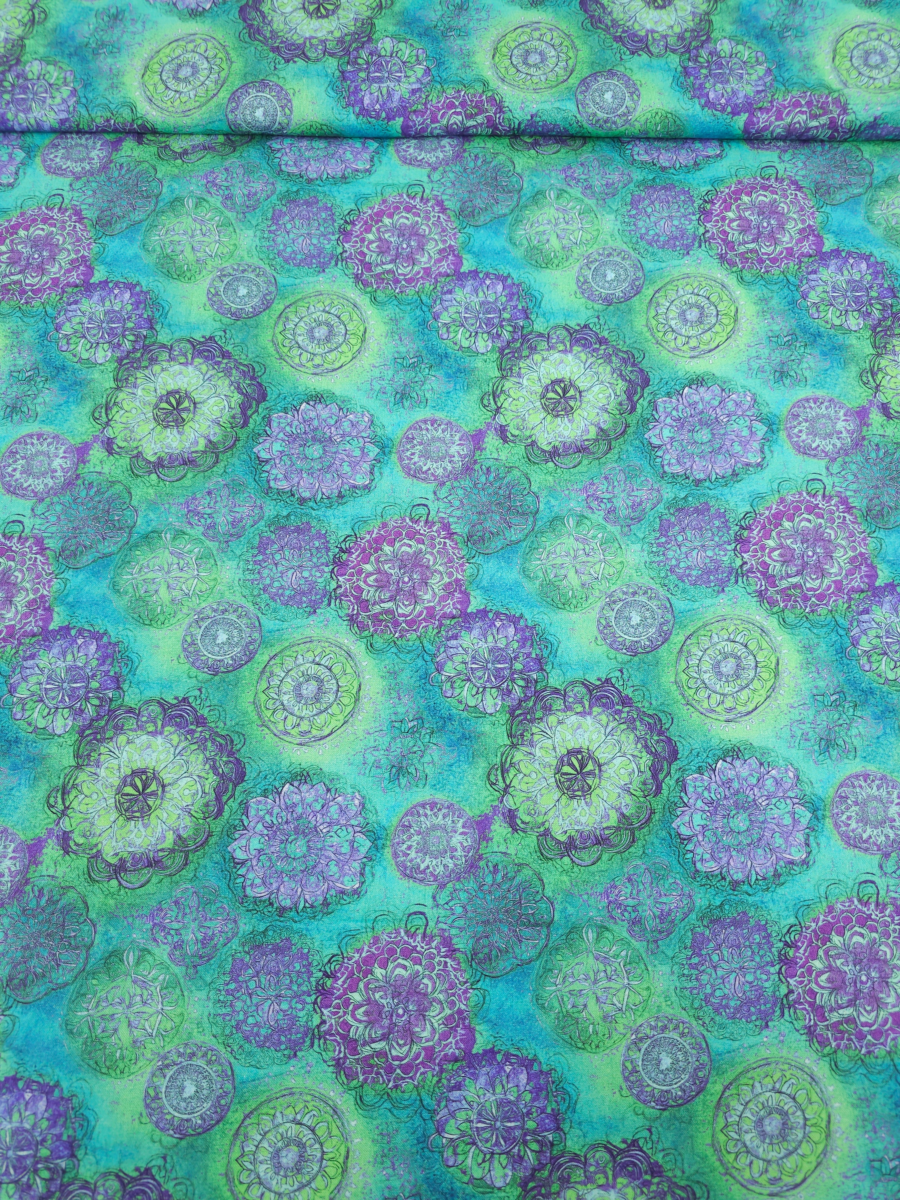 Aqua/Purple Spiral Medallion 100% Cotton 106" *EXTRA WIDE*