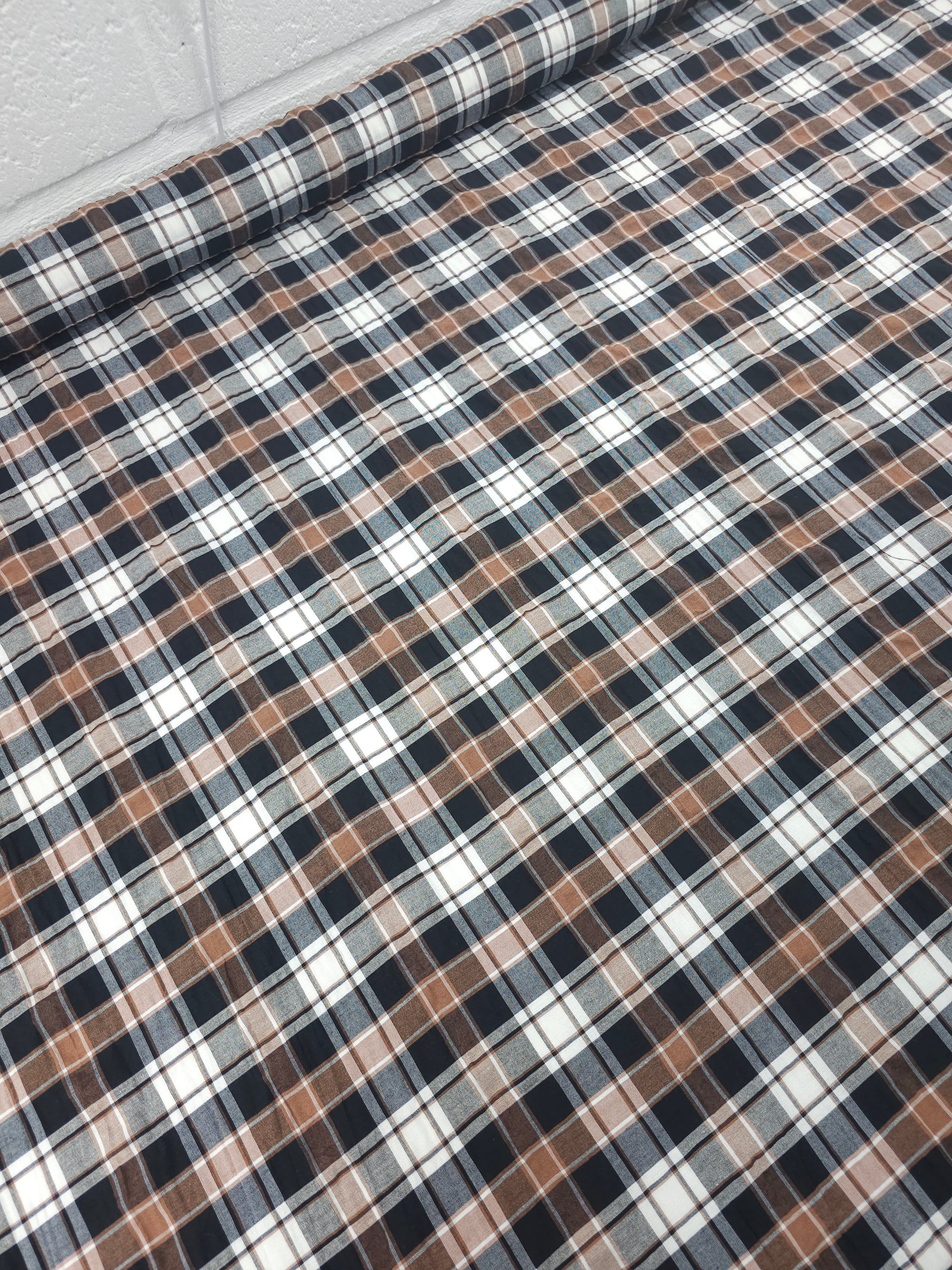 Black/Brown Tartan Crinkle Cotton