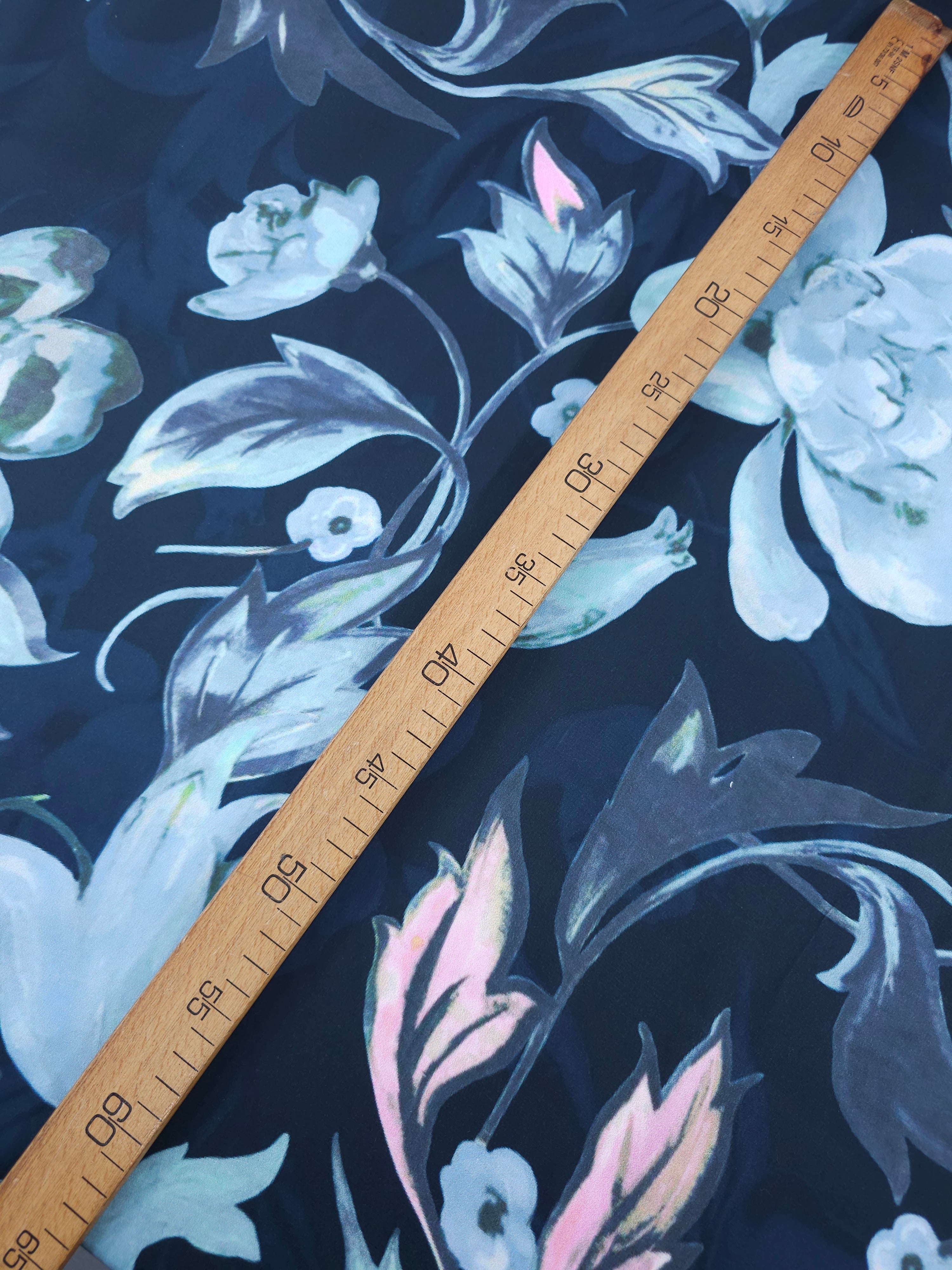 Navy Blur Floral Twine Crepe Backed Matte Satin