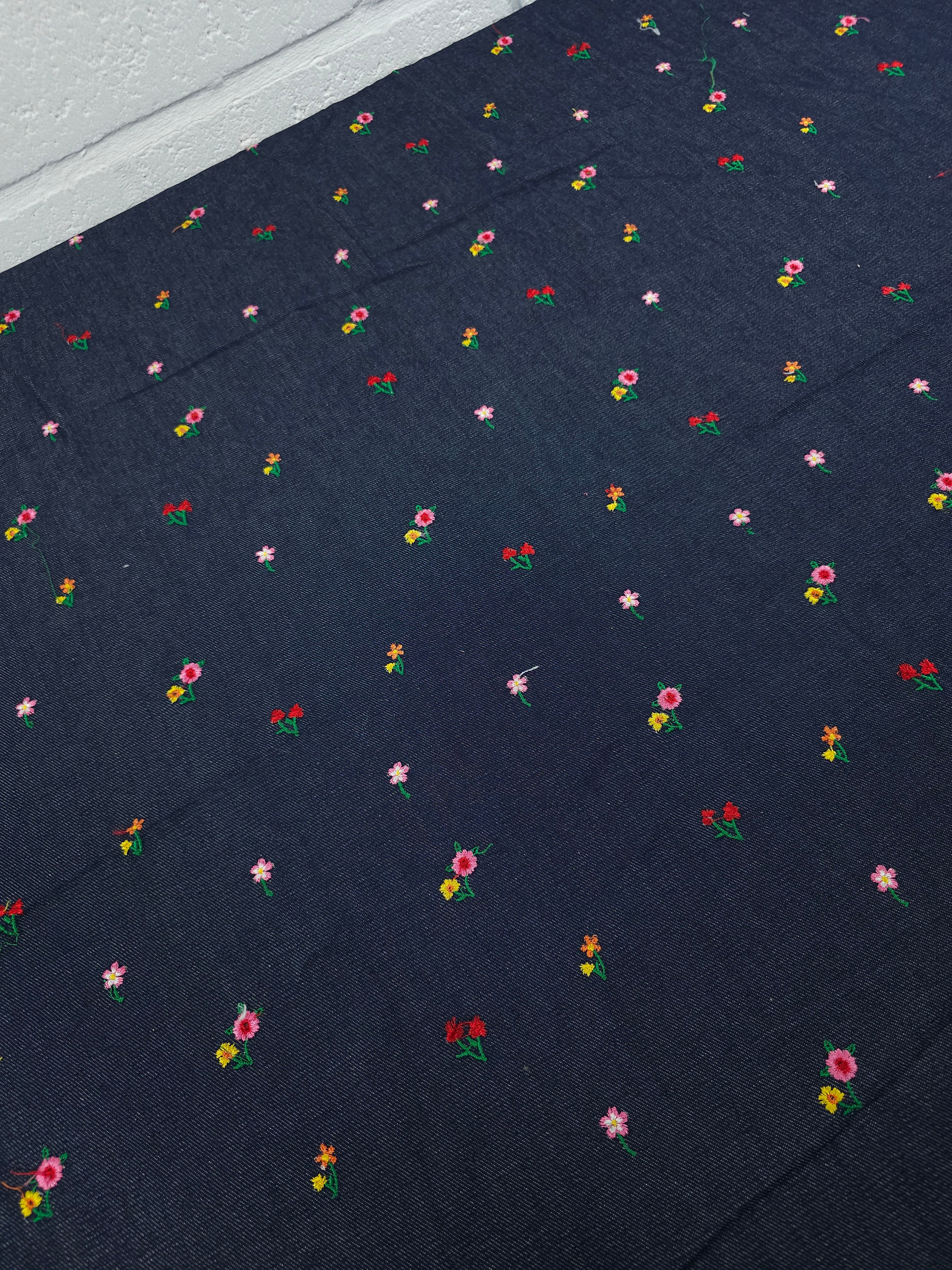 Navy Embroidered Flower Denim