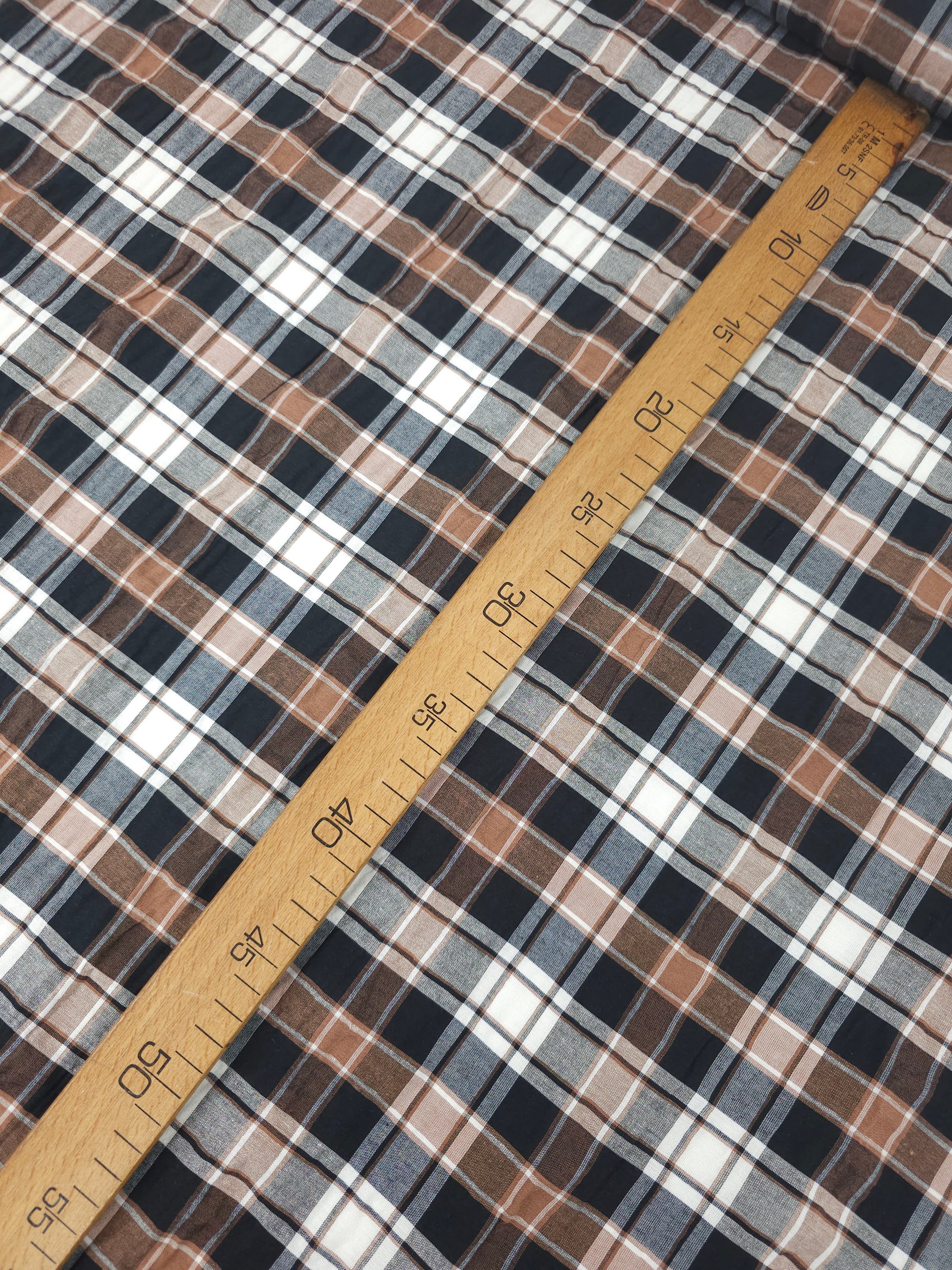 Black/Brown Tartan Crinkle Cotton